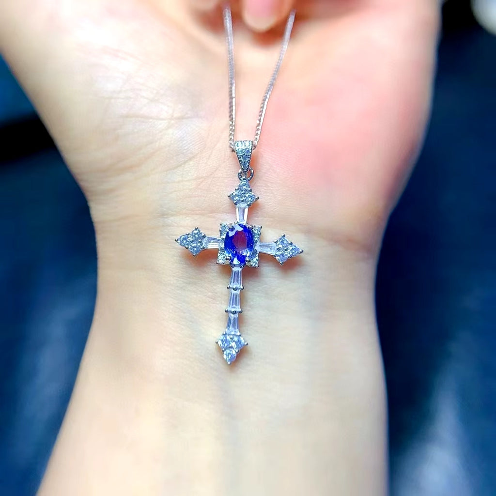 Purple Tanzanite Cross Pendant Necklace, Natural Tanzanite Cross Necklace 5x7mm