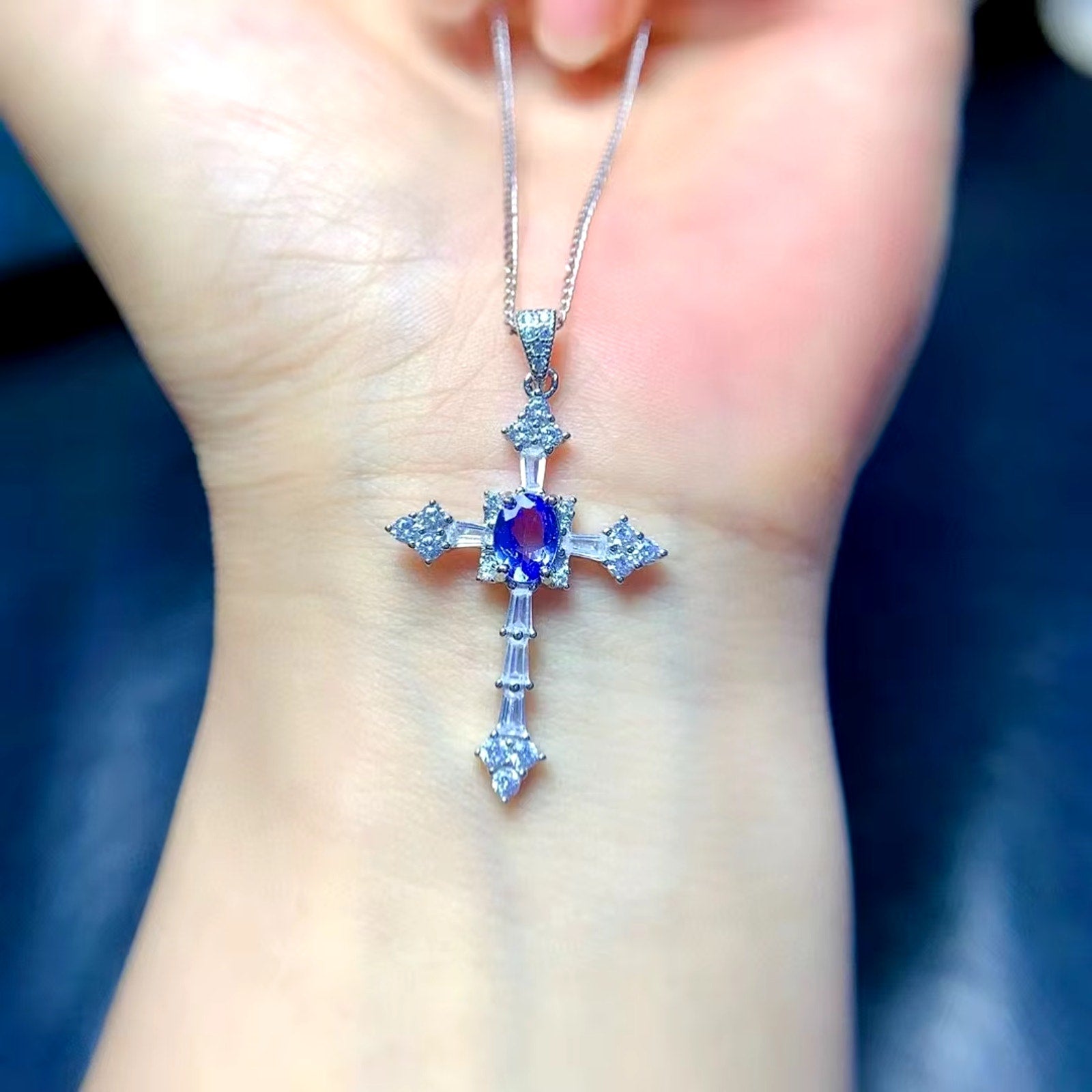 Purple Tanzanite Cross Pendant Necklace, Natural Tanzanite Cross Necklace 5x7mm