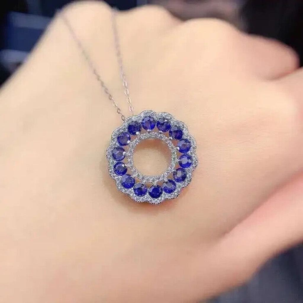 Sri Lanka Sapphire Circle Necklace, Women's Natural Blue Sapphire Necklace