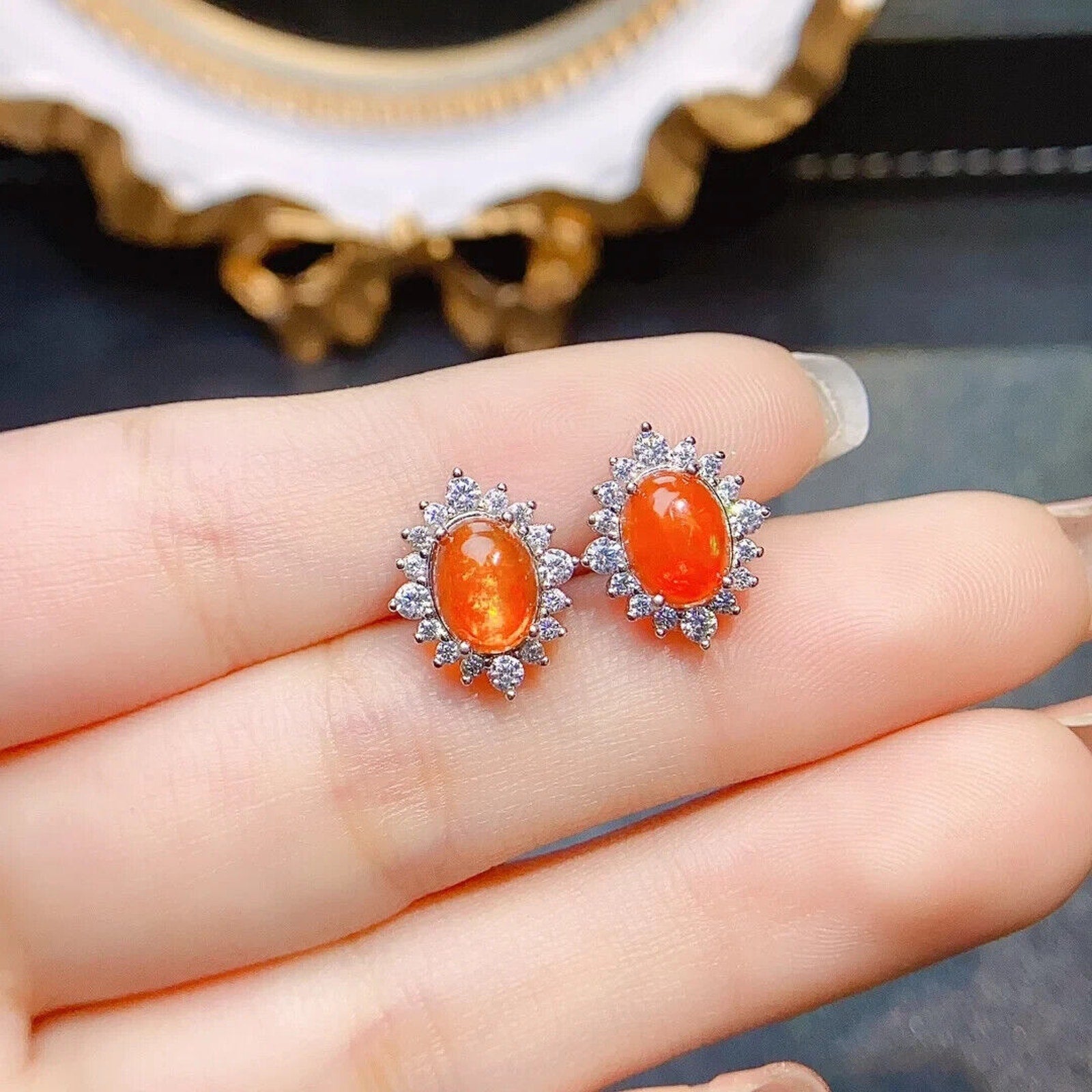 Orange Fire Opal Cluster Stud Earrings, Natural Orange Opal Stud Earrings 6x8mm