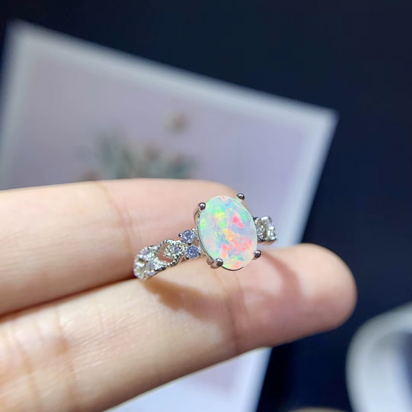 Rainbow Fire Opal Ring 925 Sterling Silver 7x9mm Ring Gifts Natural Fire Opal