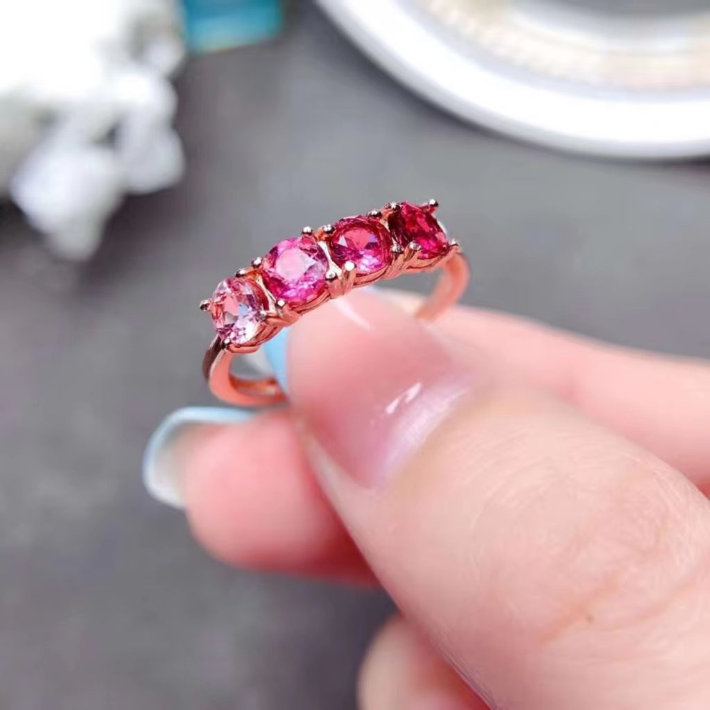 Pink Tourmaline Band Ring, Gradient Pink Tourmaline Ring 925 Sterling Silver
