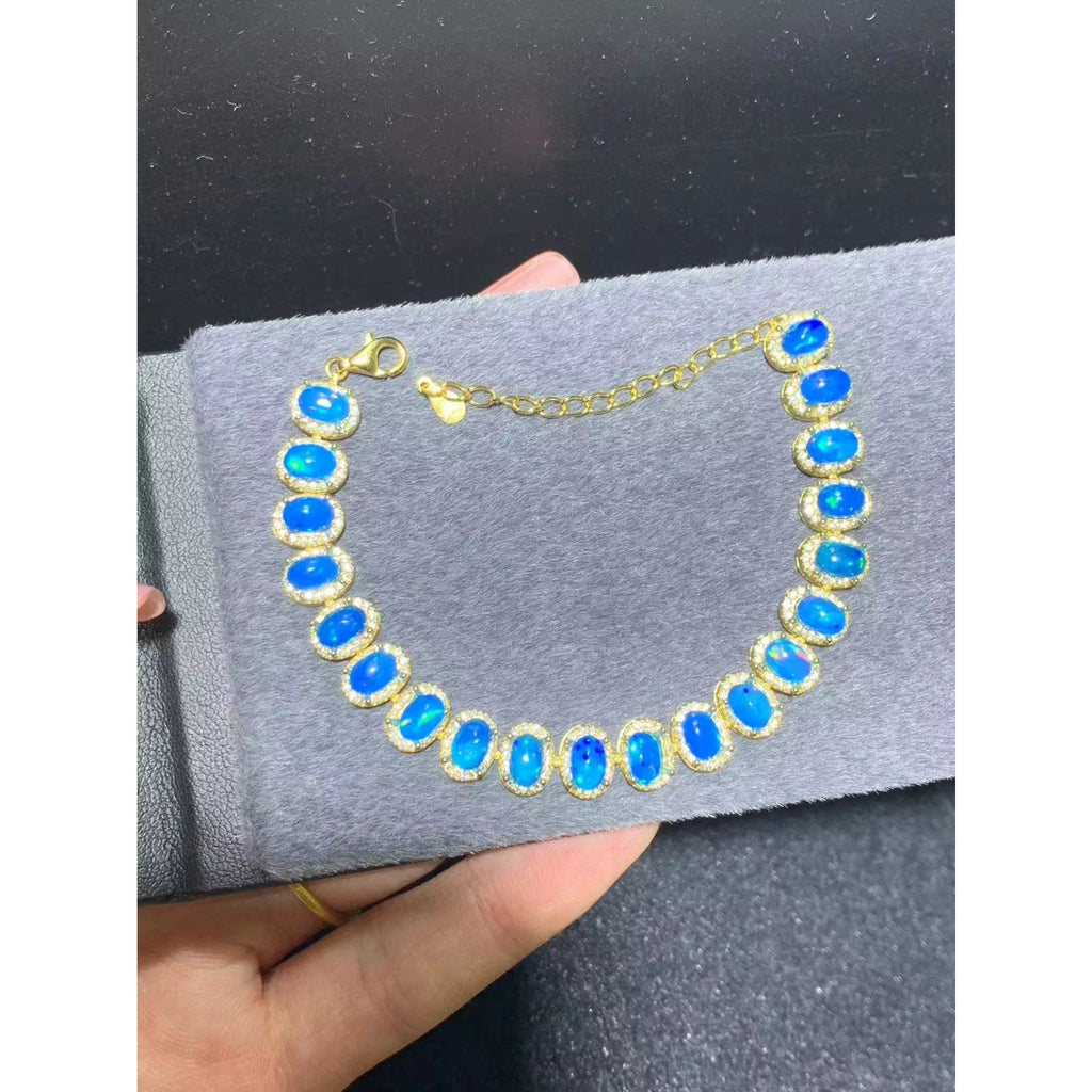 Blue Fire Opal Tennis Bracelet 4x6mm Sterling Silver, Blue Opal Bracelet