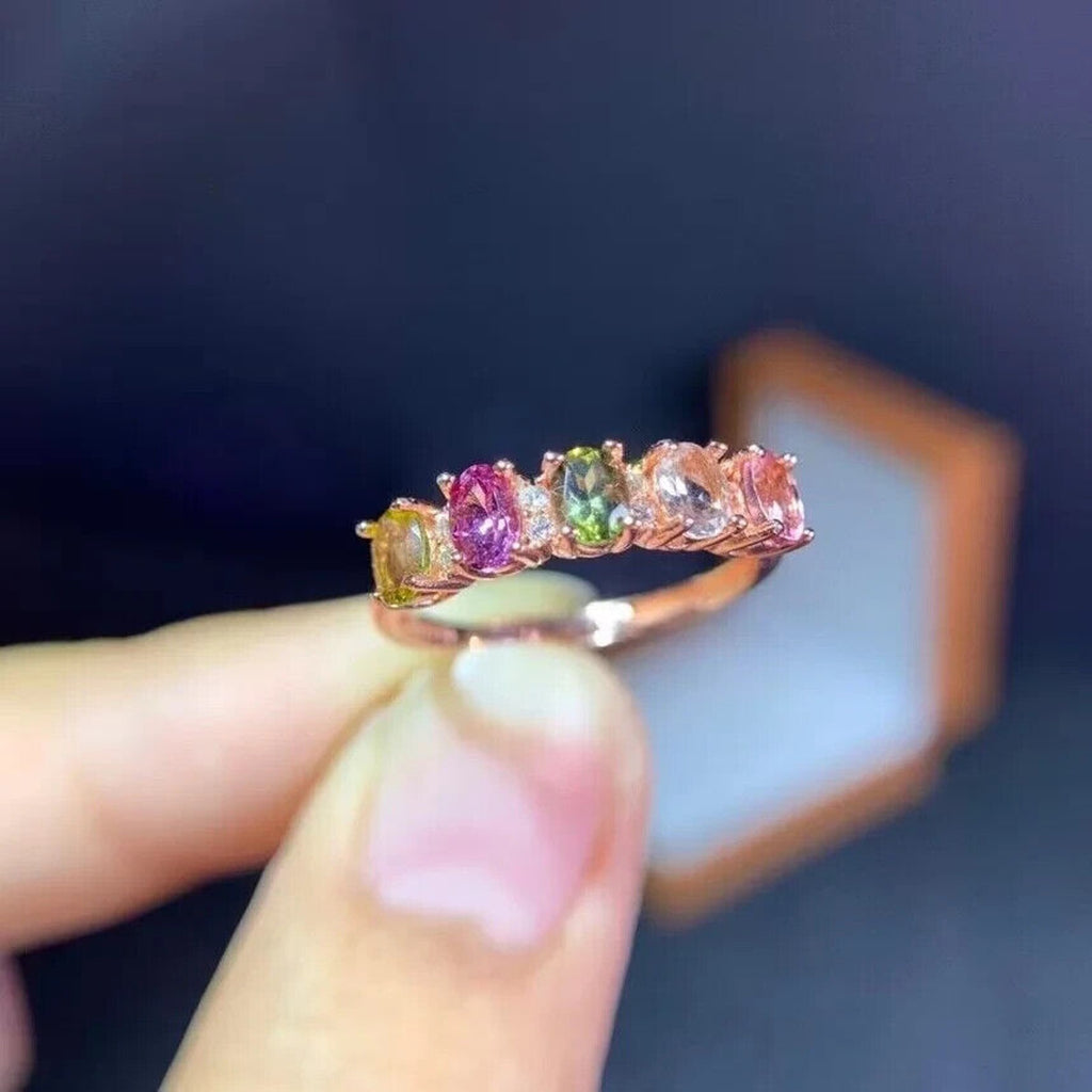 Dainty Tourmaline Gemstone Band Ring, Natural Multicolor Tourmaline Band Ring