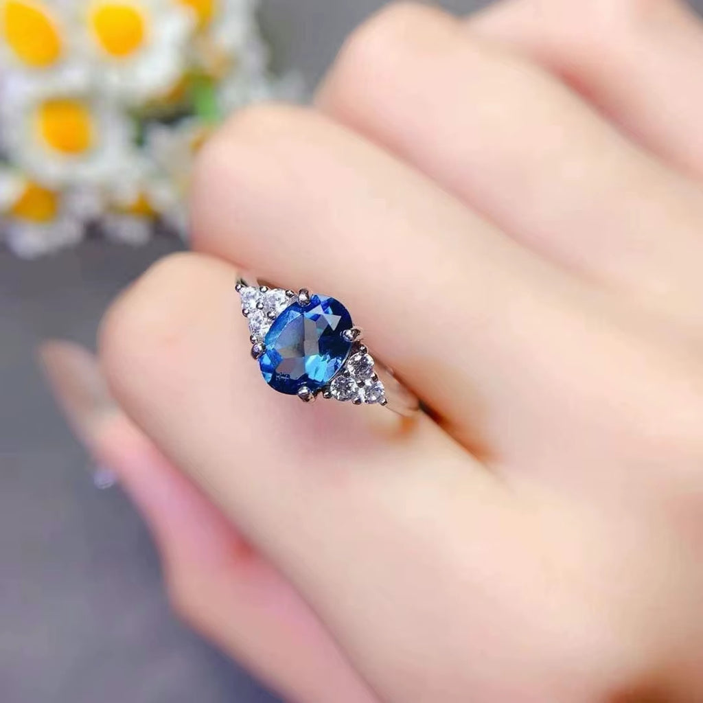 1CT London Blue Topaz Ring 925 Sterling Silver, Natural London Blue Topaz 6x8mm