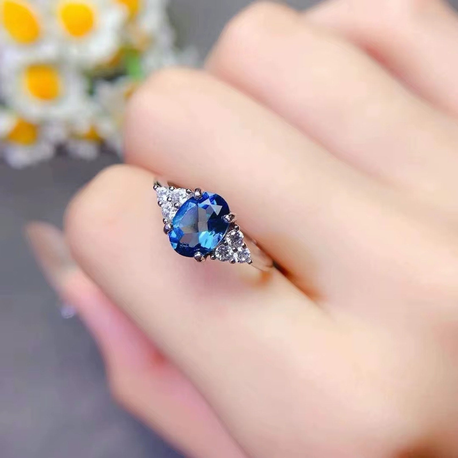 1CT London Blue Topaz Ring 925 Sterling Silver, Natural London Blue Topaz 6x8mm
