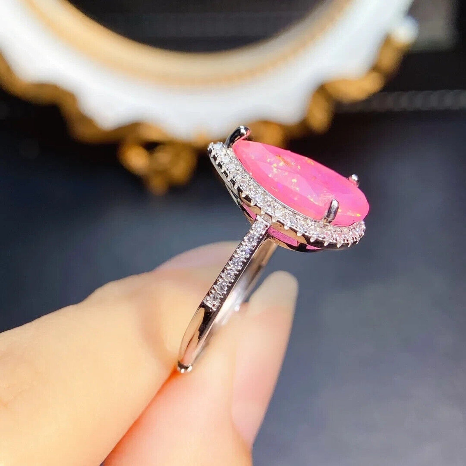 Pink Fire Opal Pear Cut Statement Ring, Natural Pink Fire Opal Gemstone Ring