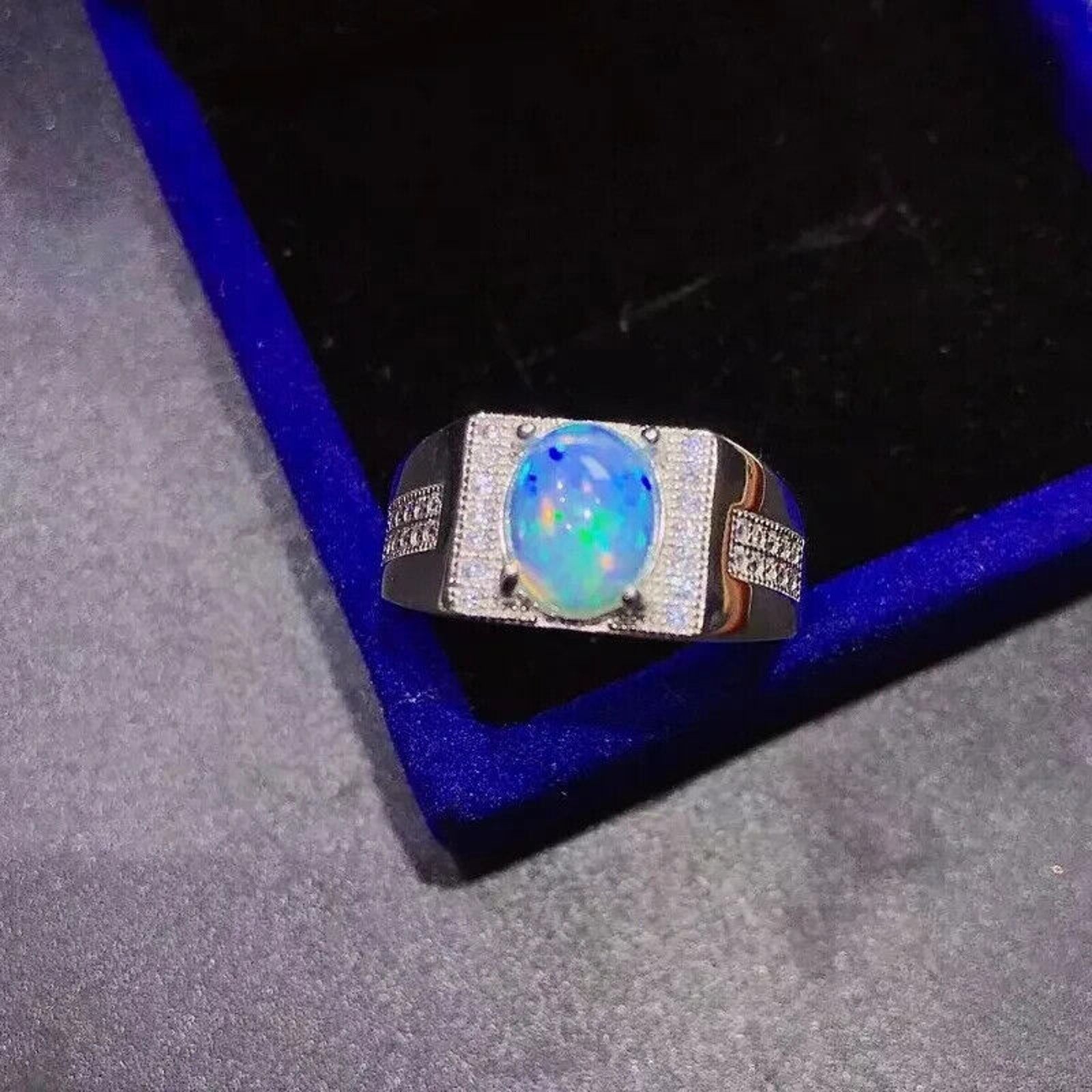 Men's White Fire Opal Cocktail Ring 8x10mm, Men's Natural Opal Ring