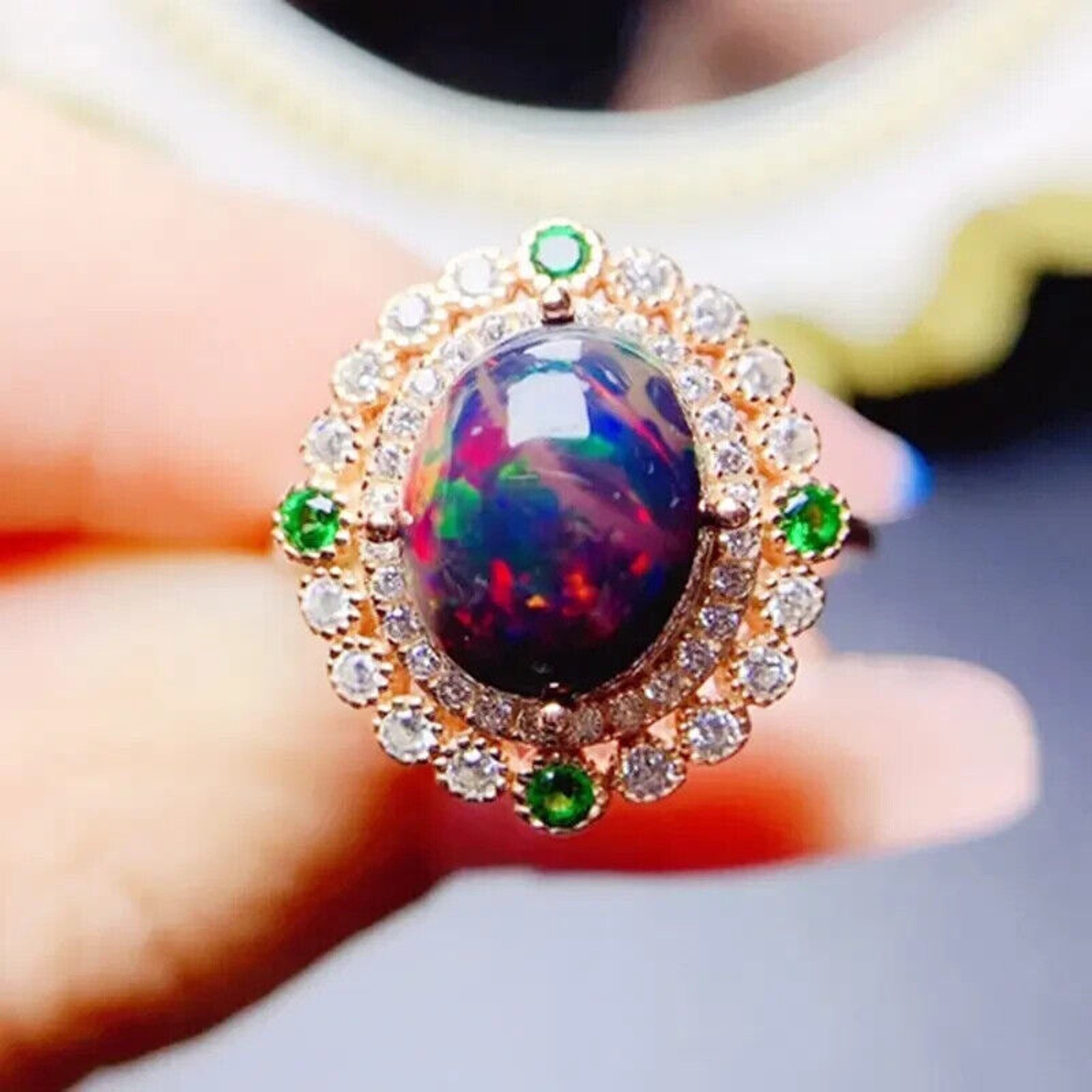 Colorful Black Fire Opal Statement Ring 8x10mm , Natural Fire Opal Ring