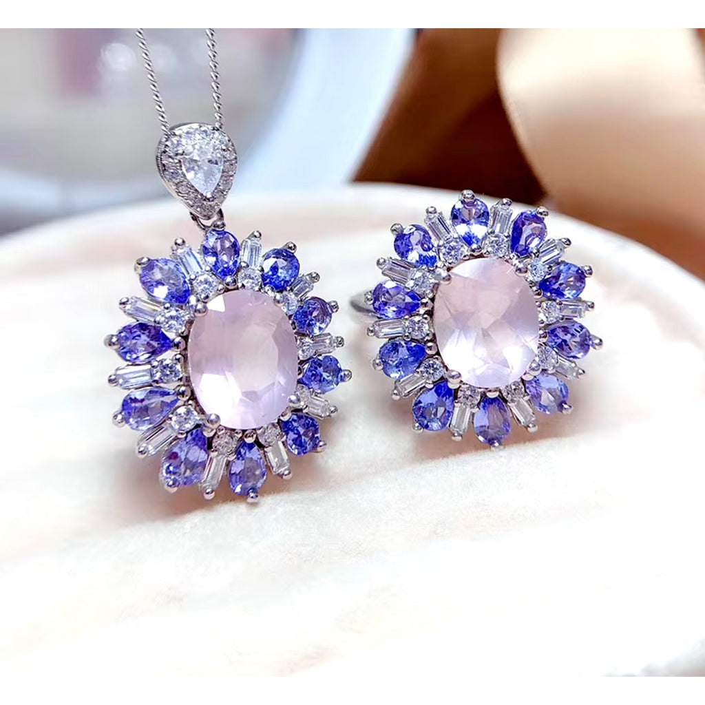Purple Tanzanite and Rose Quartz Jewelry Set, Natural Tanzanite and Rose Quartz