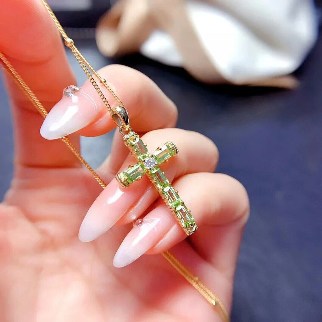 August Birthstone Peridot Gemstone Cross Necklace 3x5mm