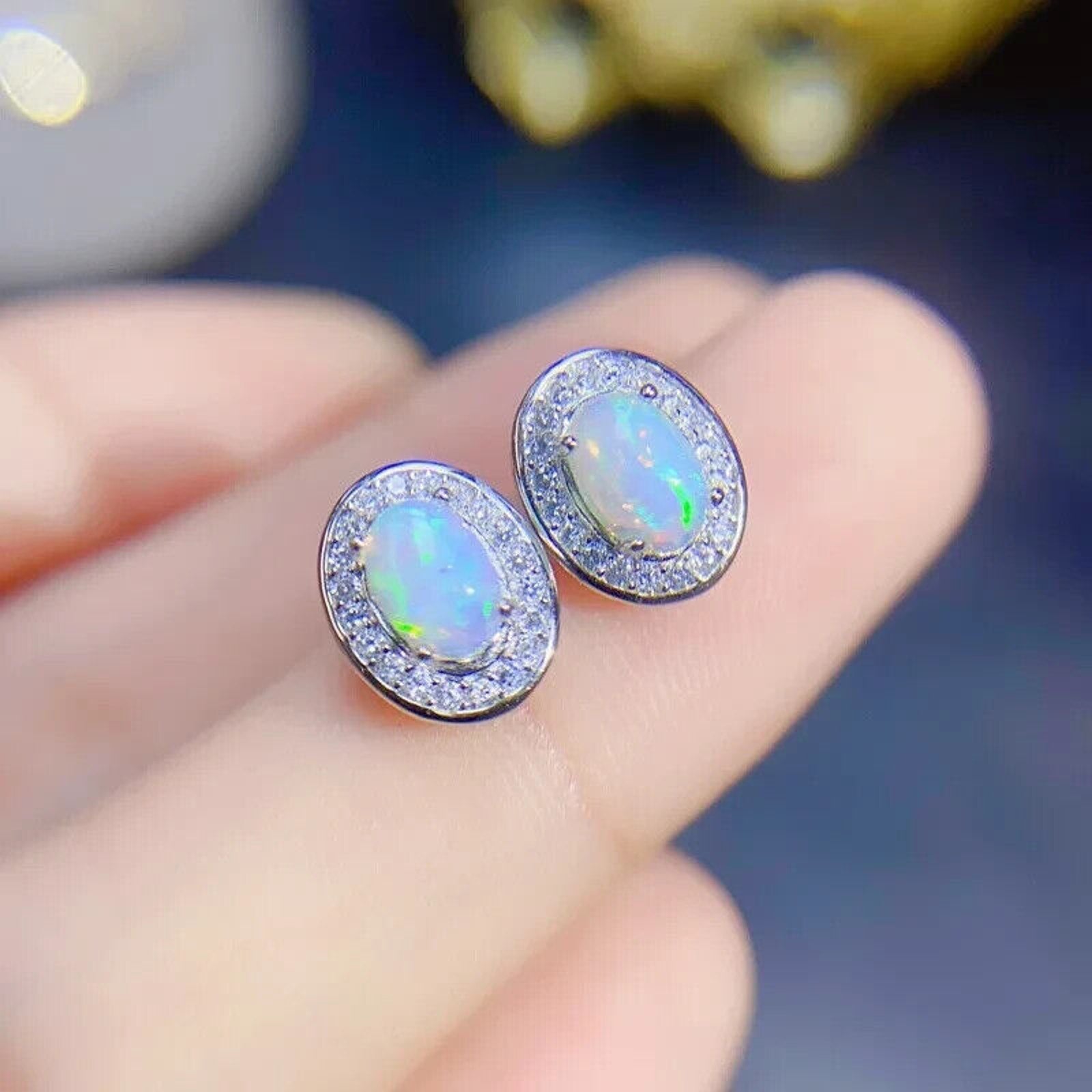 White Fire Opal Stud Earrings, Natural Opal 4x6mm Stud Earrings Sterling Silver