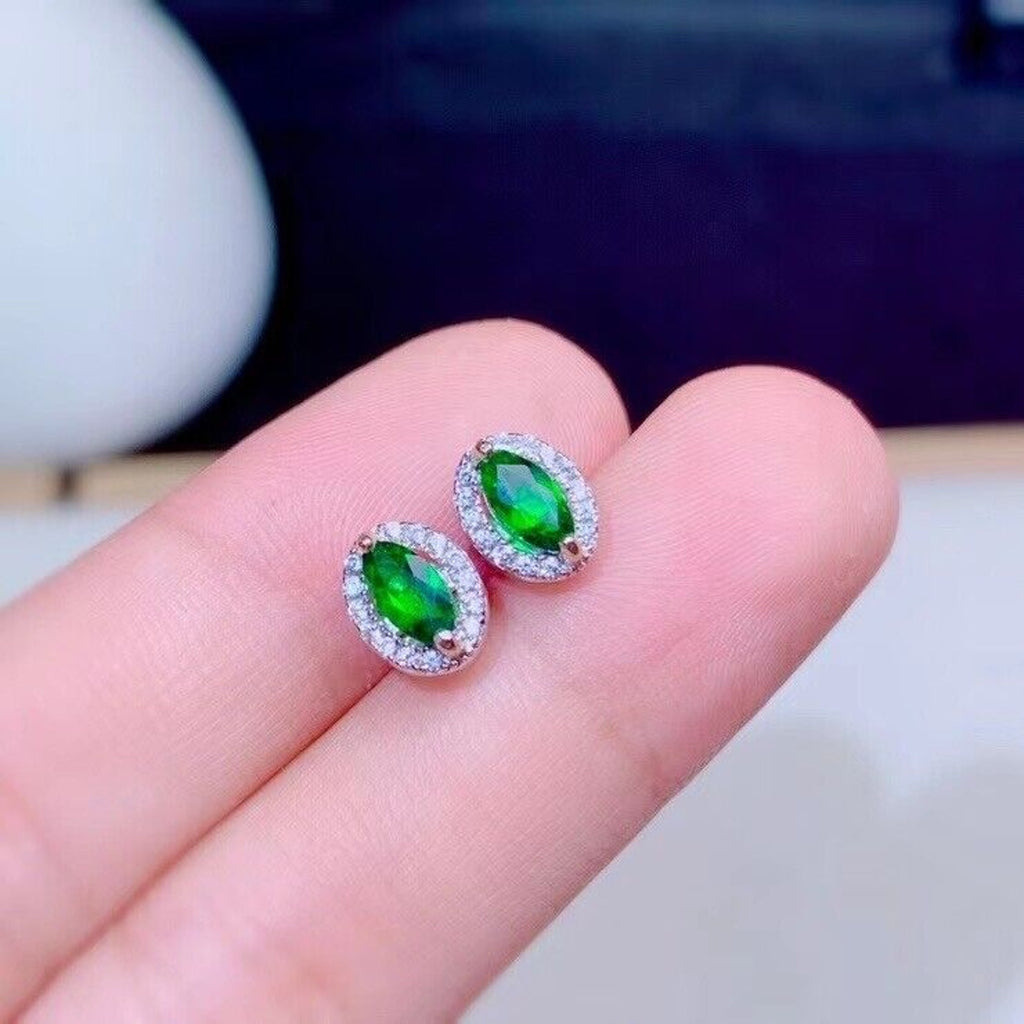 Natural Diopside Stud Earrings Platinum Plated, 3x6mm Chrome Diopside Earrings
