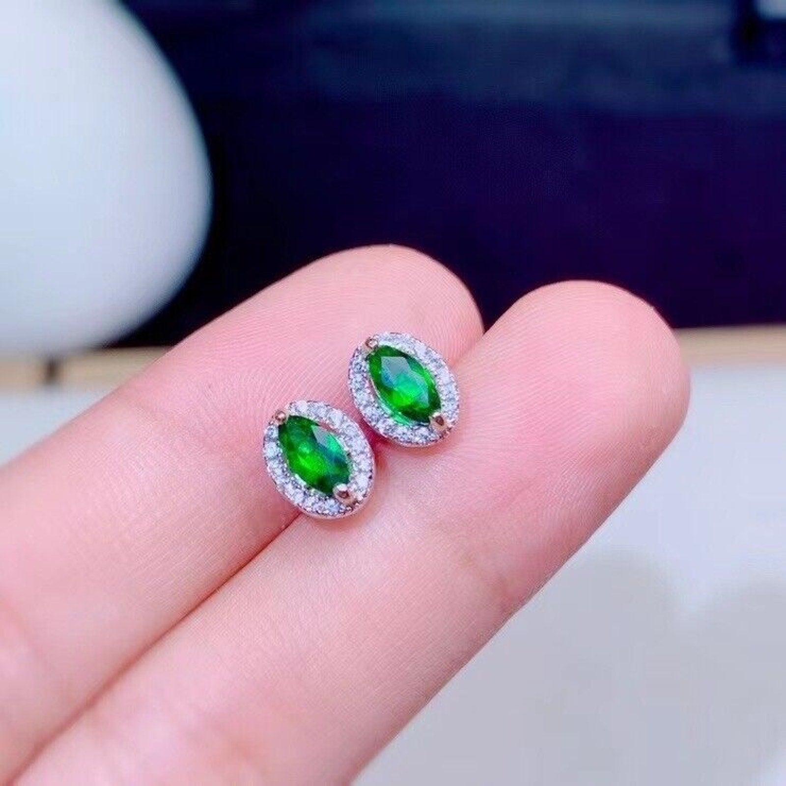 Natural Diopside Stud Earrings Platinum Plated, 3x6mm Chrome Diopside Earrings