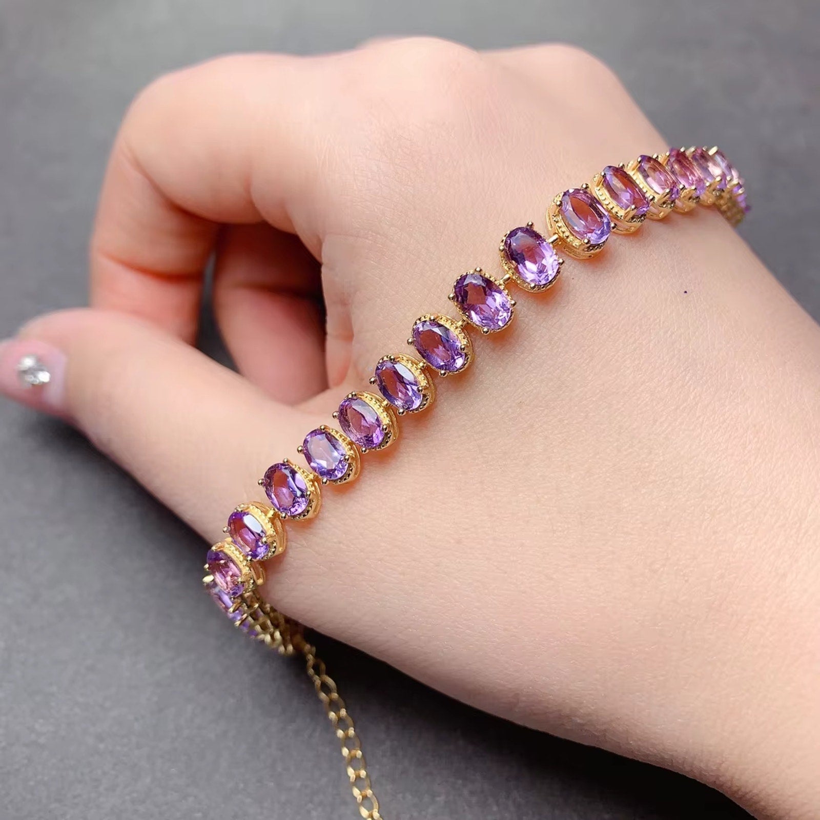 Natural Amethyst Tennis Bracelet 925 Sterling Silver VVS Grade 4x6mm