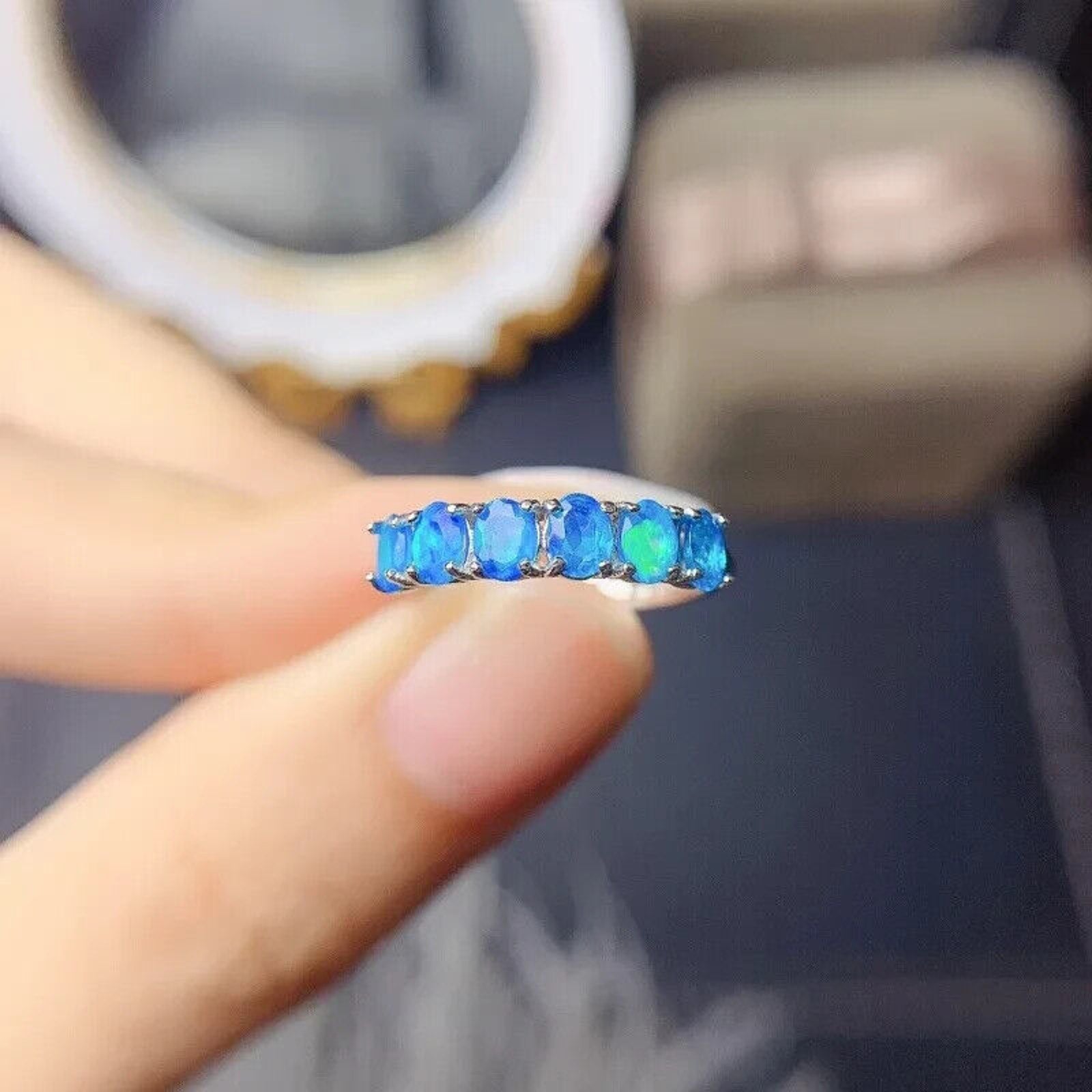 Natural Australian Blue Opal Band Ring 3x4mm, Women's Blue Fire Opal Ring