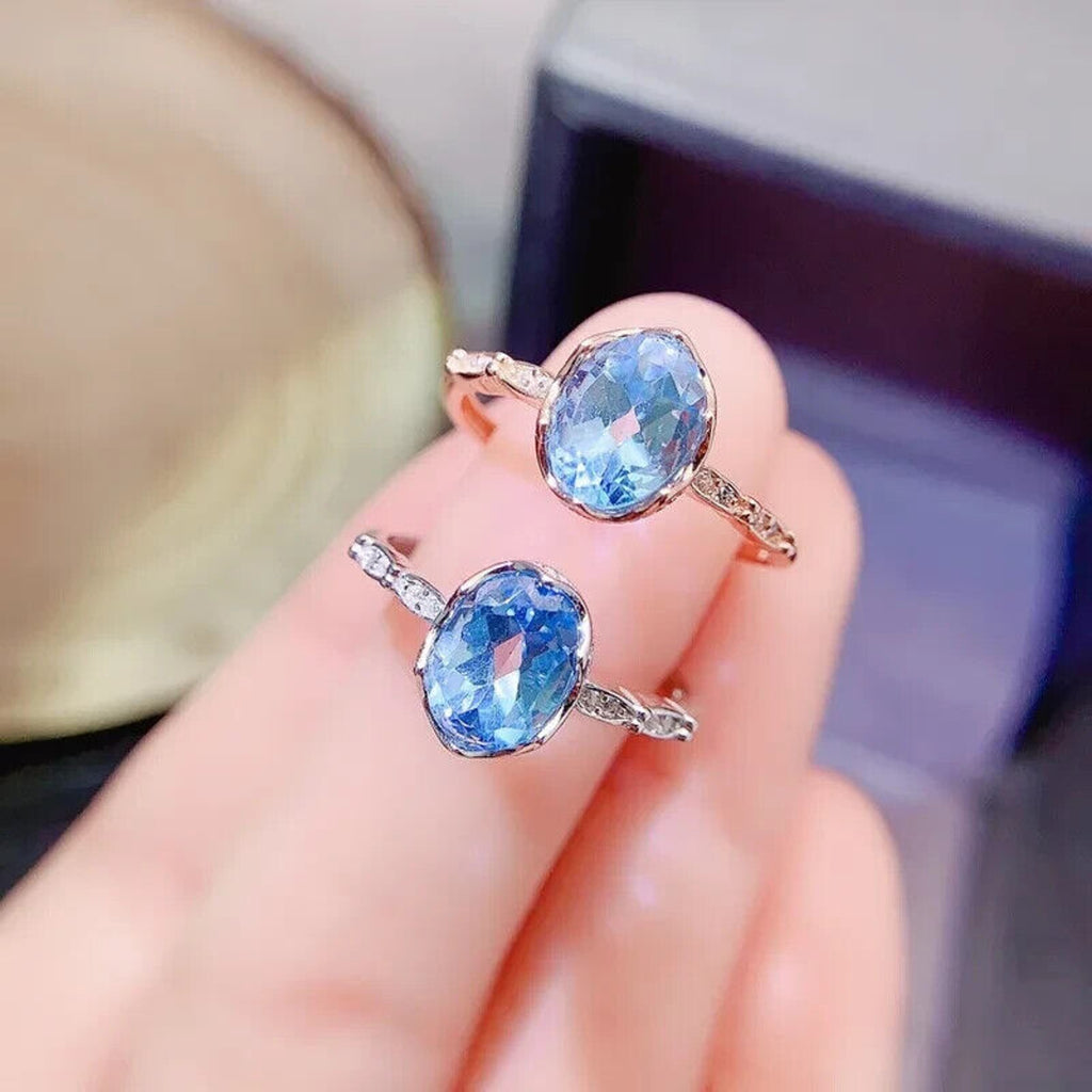Swiss Blue Topaz Gemstone Ring, Natural Blue Topaz Ring 6x8mm 1.6CT 925 Sterling