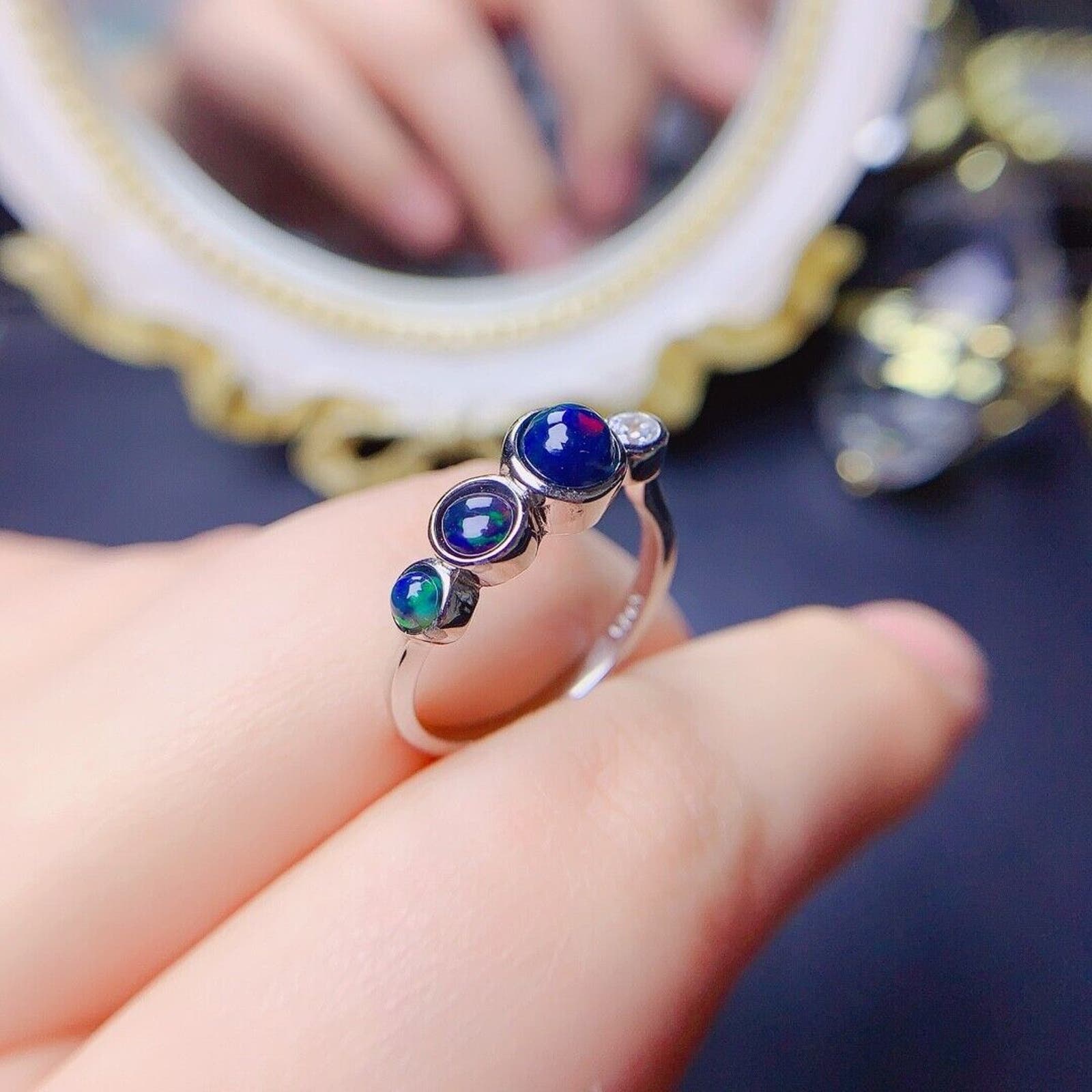 Adjustable Black Opal Stacking Ring, Stackable Opal Ring, Bezel Set Opal Ring