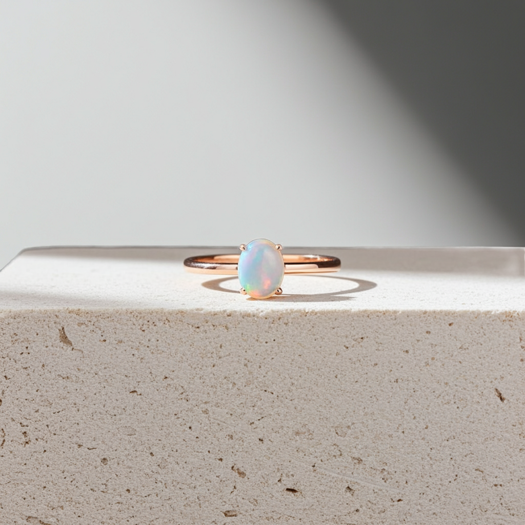 Australian Opal Statement Ring, Natural White Opal Ring 5x7mm