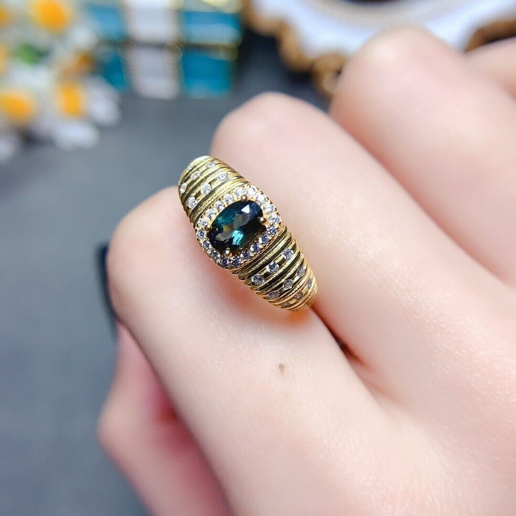 Green Tourmaline Band Ring, Natural Green Tourmaline Gemstone Ring Silver