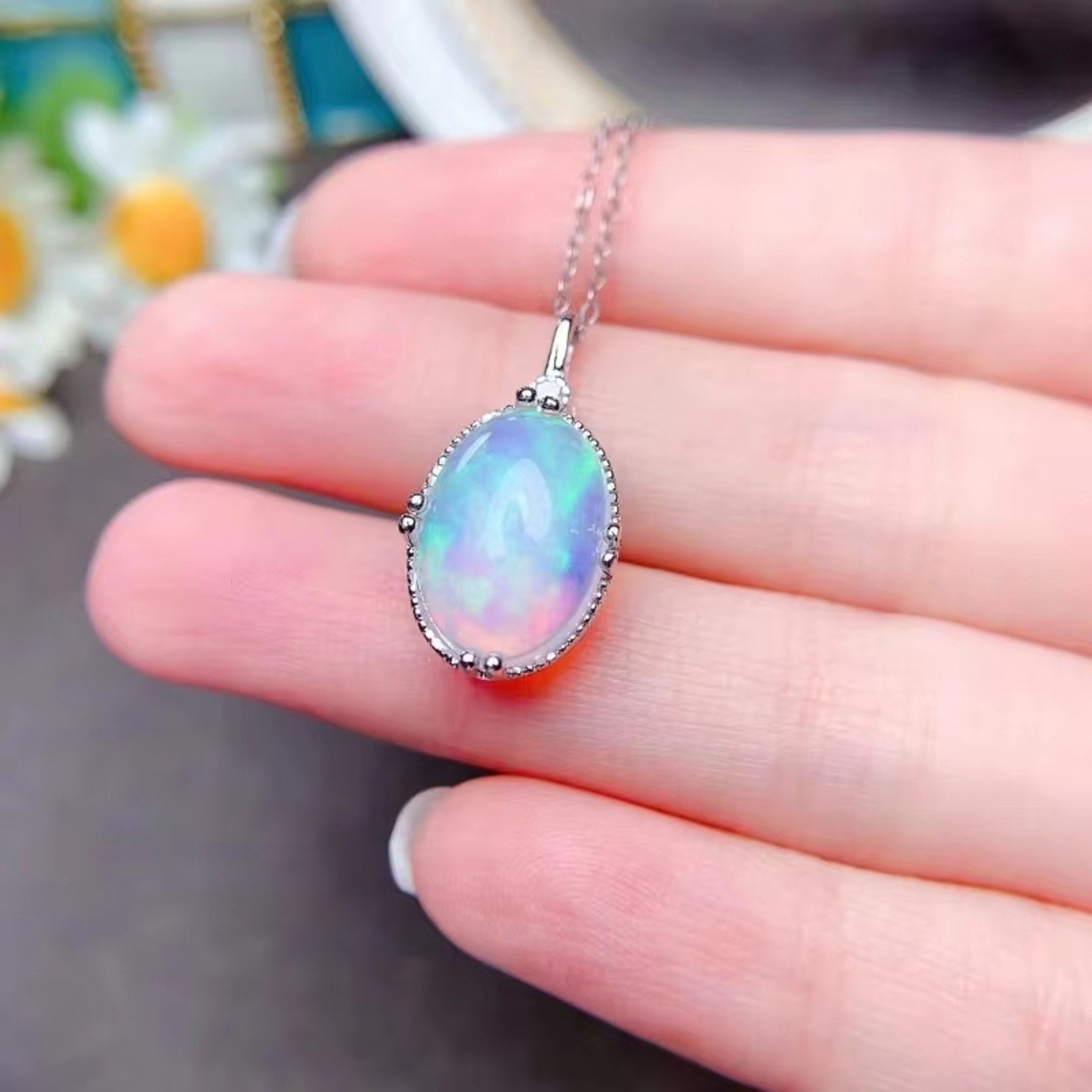 Large 10Ct White Opal Stone Pendant Droplet Fire Opal Necklace Sterling Silver