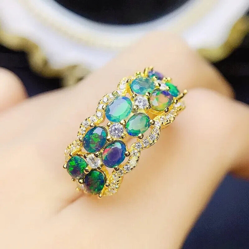 Colorful Black Fire Opal Band Ring 3x4mm, Natural Fire Opal Band Ring