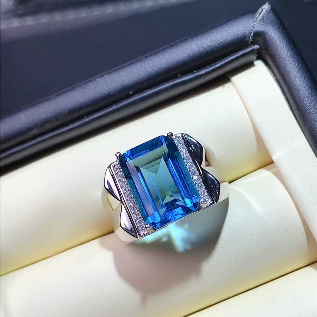 Mens Emerald Cut Blue Topaz Ring 925 Sterling Silver VVS Grade 10x14mm