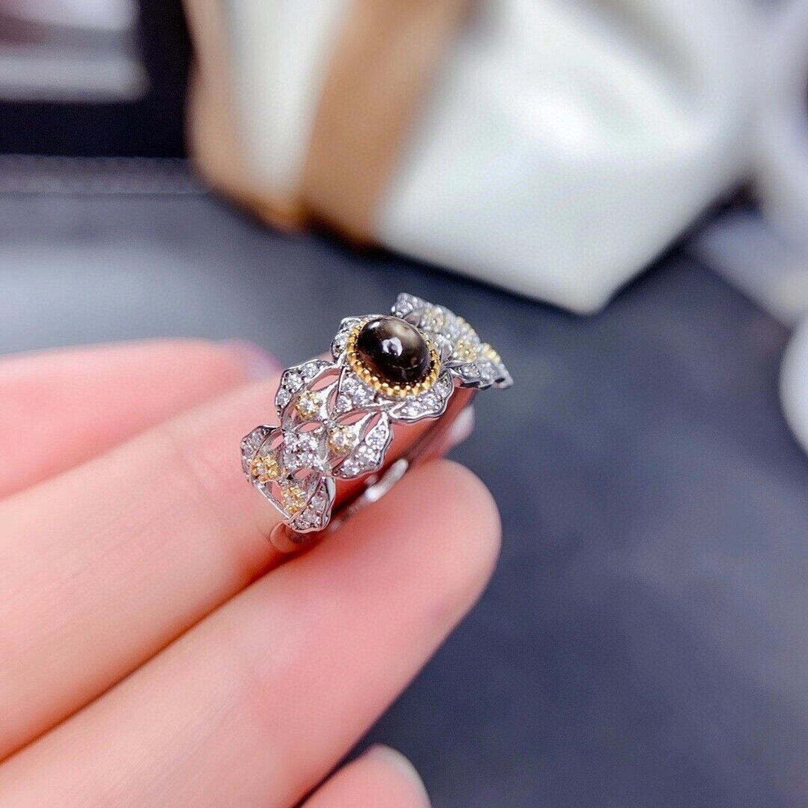 Natural Gray Star Sapphire Princess Ring, 4x5mm Star Sapphire Ring Platinum