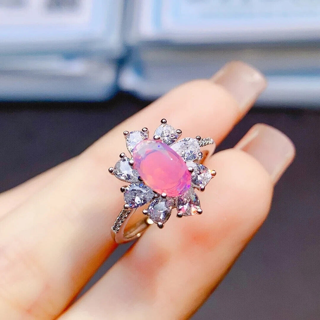 Pink Fire Opal Cluster Ring 5x8mm, Natural Pink Fire Opal Ring 925 Sterling