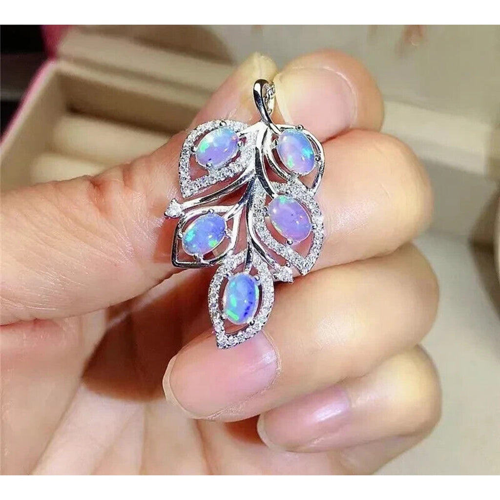 Natural Fire Opal Leaf Pendant Necklace, Colorful Fire Opal Pendant Necklace