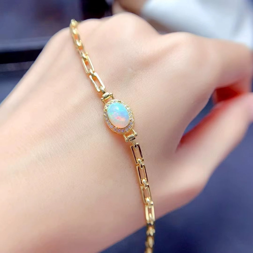 Natural Fire Opal Paperclip Chain Bracelet, Fire Opal Bracelet 925 Sterling