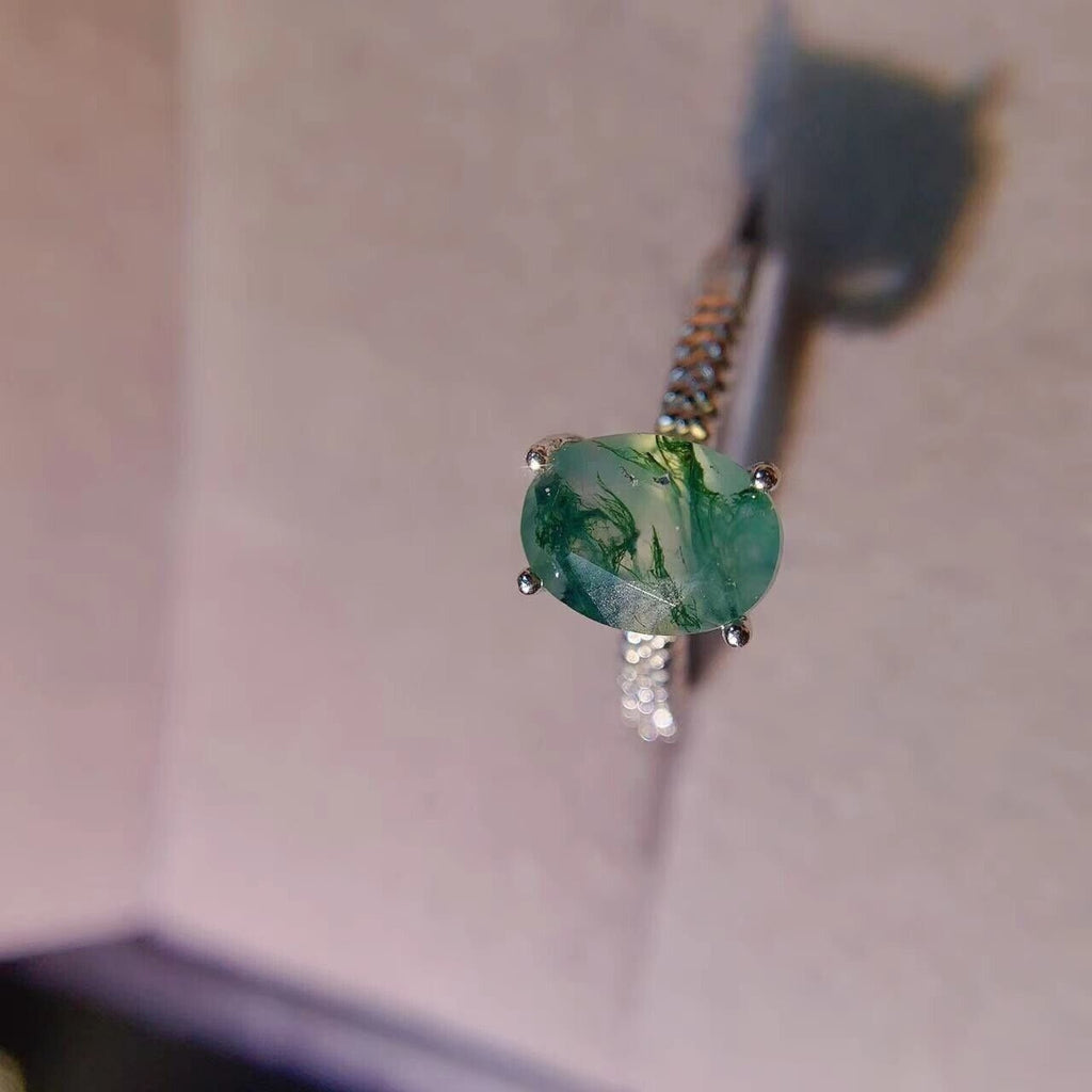 Moss Agate Cocktail Ring 6x8mm 925 Sterling Silver
