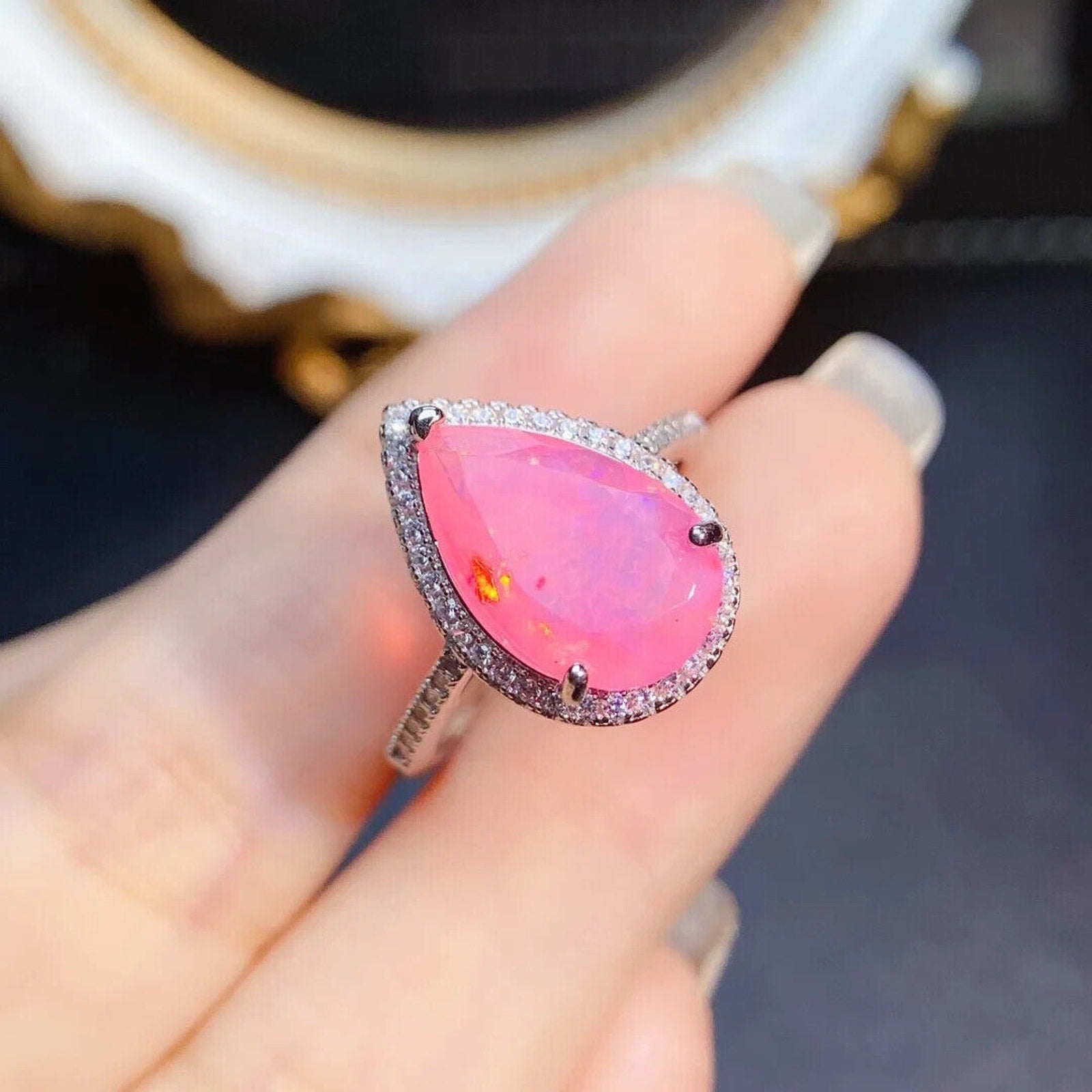 Pink Fire Opal Pear Cut Statement Ring, Natural Pink Fire Opal Gemstone Ring
