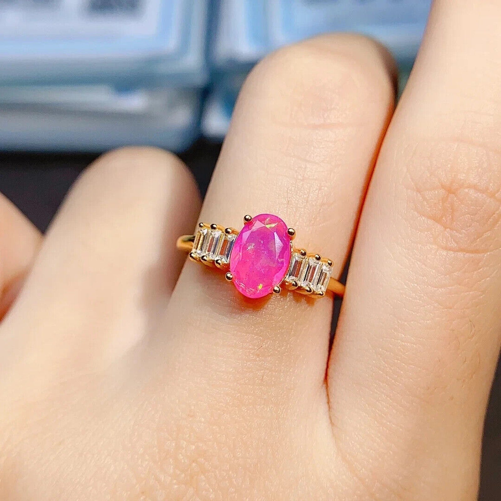 Pink Fire Opal Oval Cut Ring 5x8mm, Natural Pink Fire Opal Ring 925 Sterling