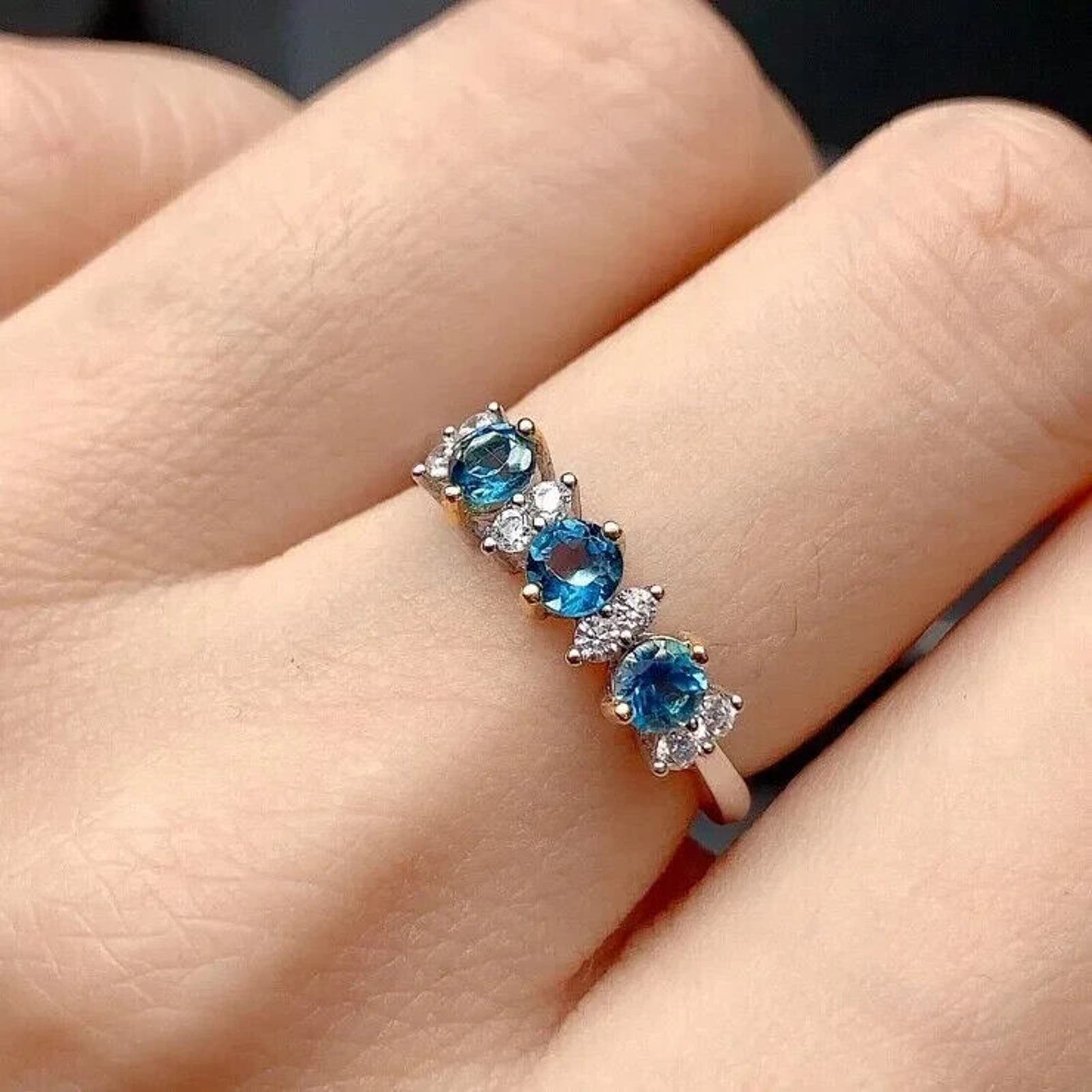 Natural London Blue Topaz Band Ring 3mm Platinum Plated