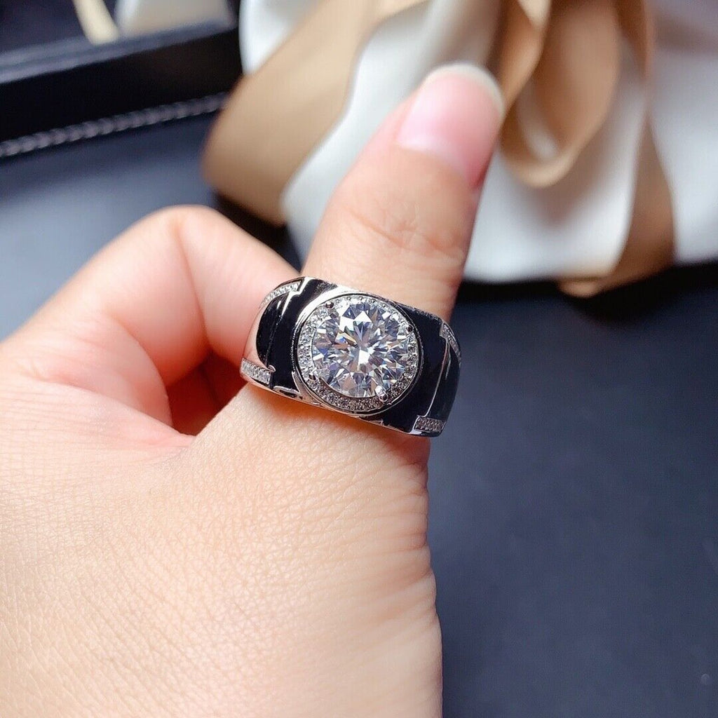 VVS1 2 CT Mens Moissanite Ring, Round Brilliant Cut D Color Moissanite