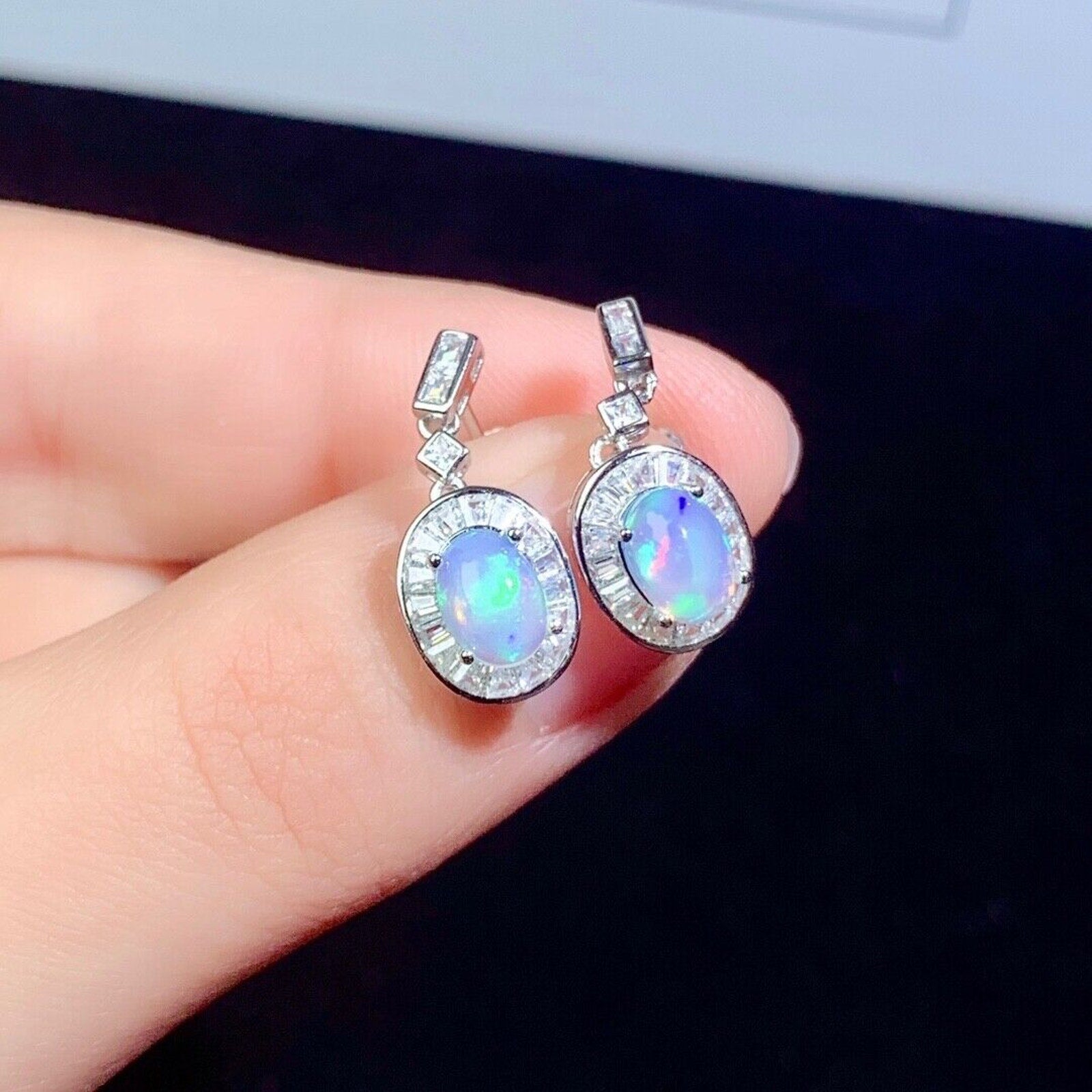 Natural Opal Earrings, Australian White Opal Earrings, Opal Earrings Sterling