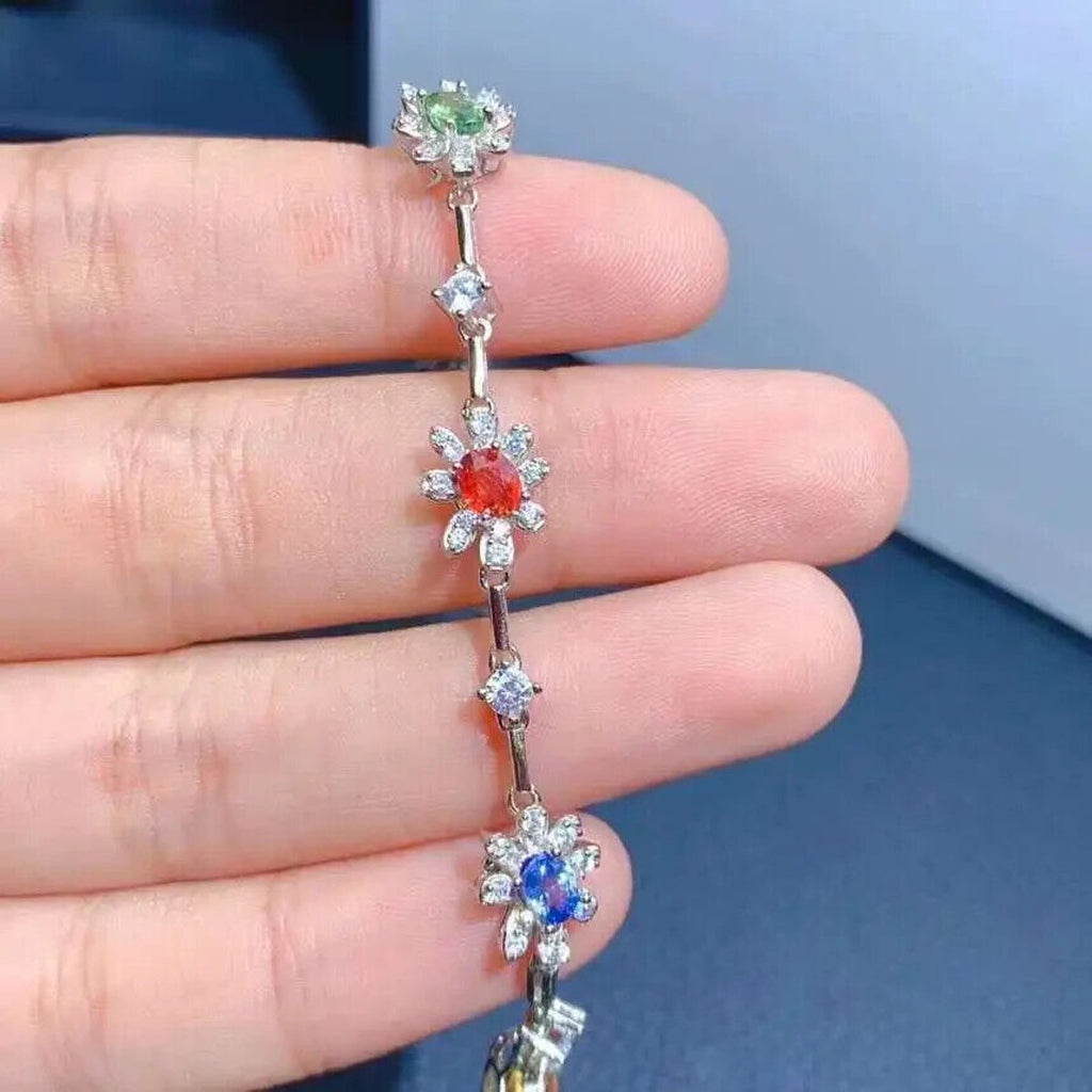 Colorful Dainty Sapphire Flower Tennis Bracelet, Natural Sapphire Gemstone