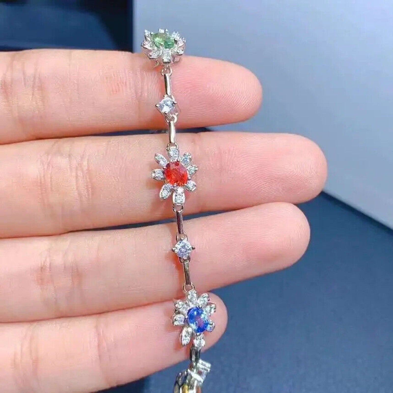 Colorful Dainty Sapphire Flower Tennis Bracelet, Natural Sapphire Gemstone