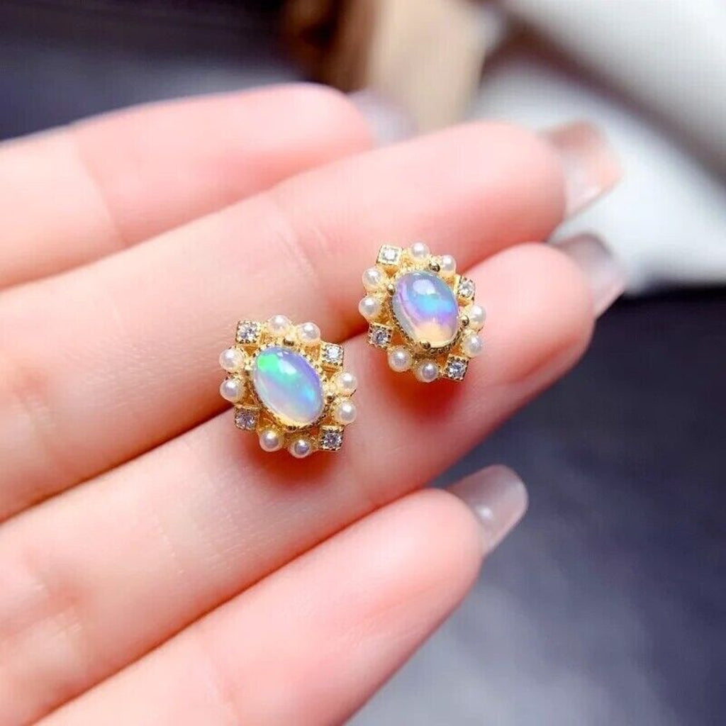 Stud Earrings Opal, Opal Gemstone Silver, Natural Opal Earrings 925 Sterling