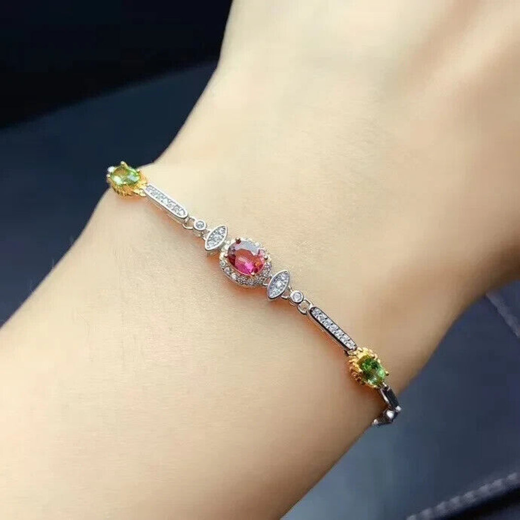 Natural Tourmaline Gemstone Paperclip Chain Bracelet, Pink and Green Tourmaline