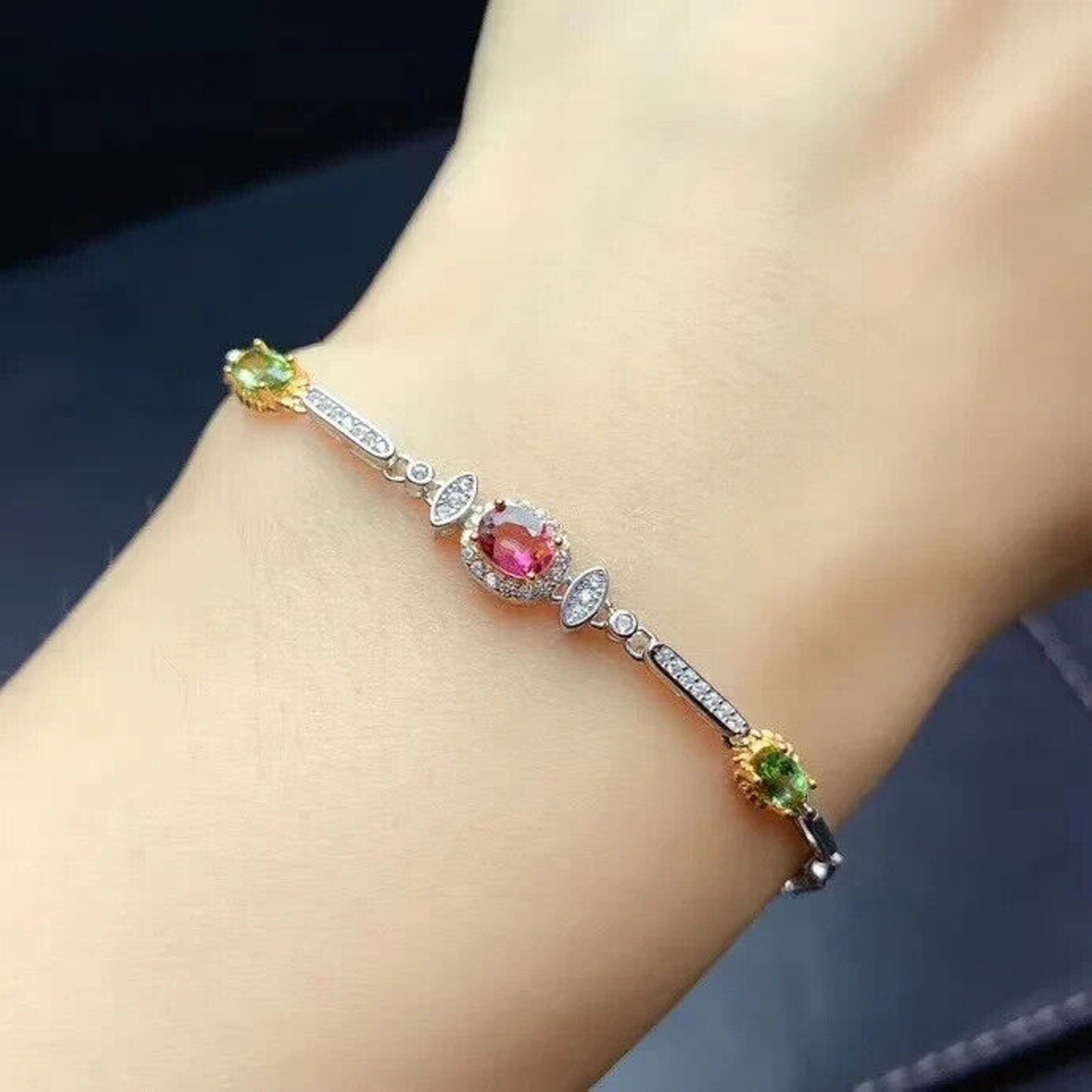 Natural Tourmaline Gemstone Paperclip Chain Bracelet, Pink and Green Tourmaline