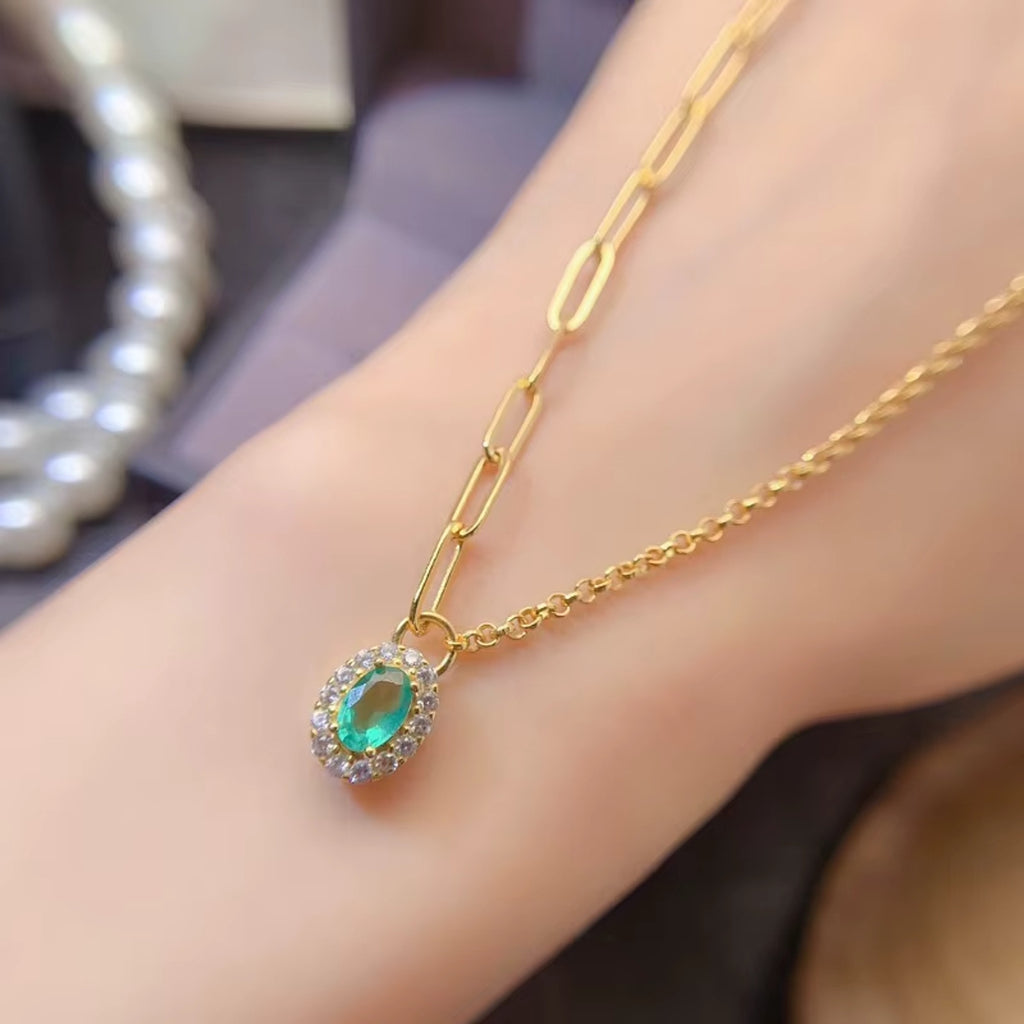 Emerald Pendant Necklace, Paperclip Chain Necklace with 4x6mm Emerald