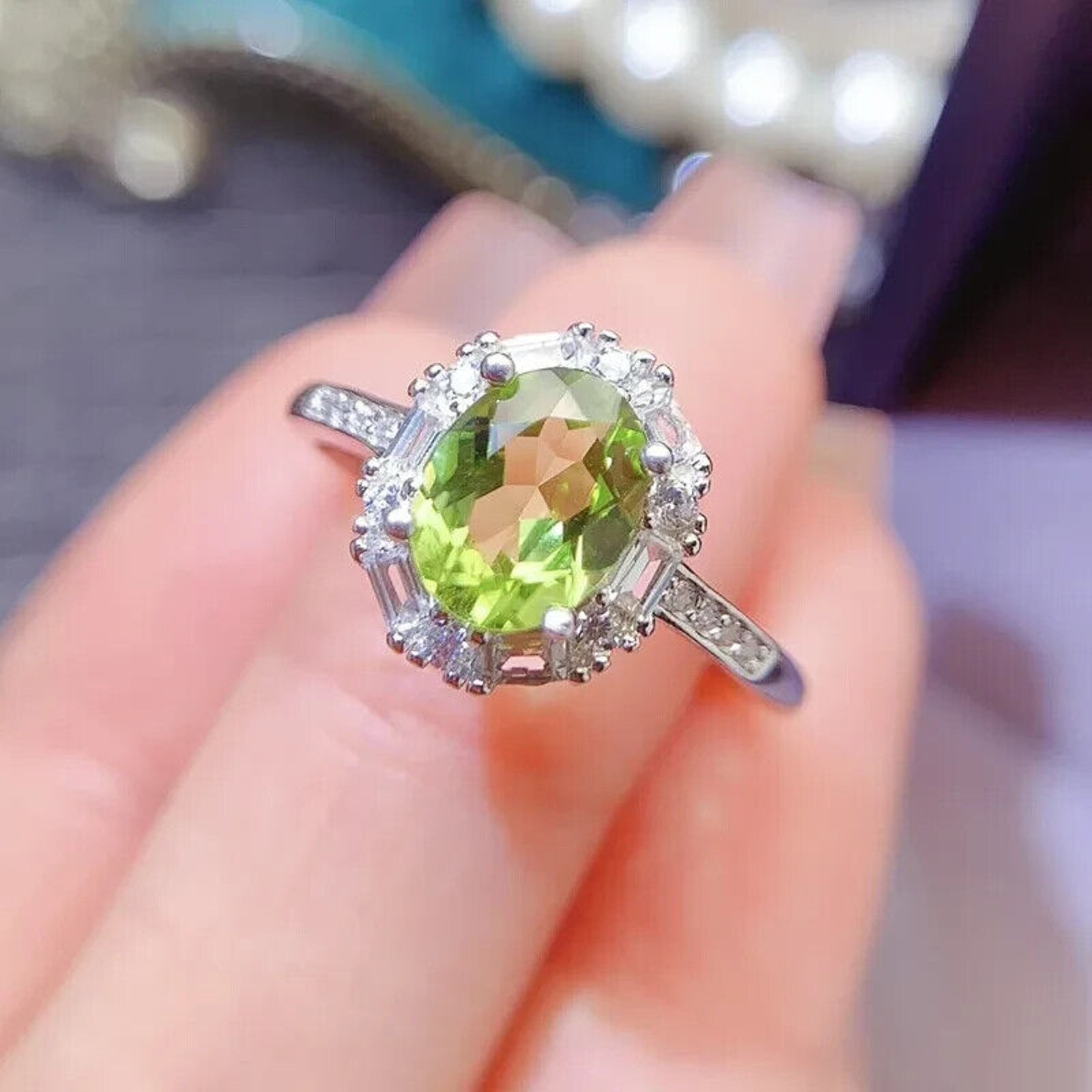 Natural Peridot Gemstone Ring 7x9mm 2CT, August Birthstone Peridot Ring