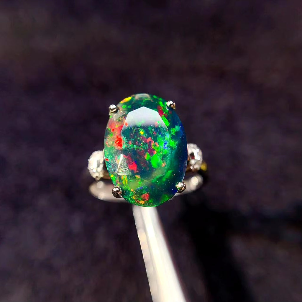 Faceted Black Opal Ring, Australian Fire Opal Statement Ring Sterling Silver