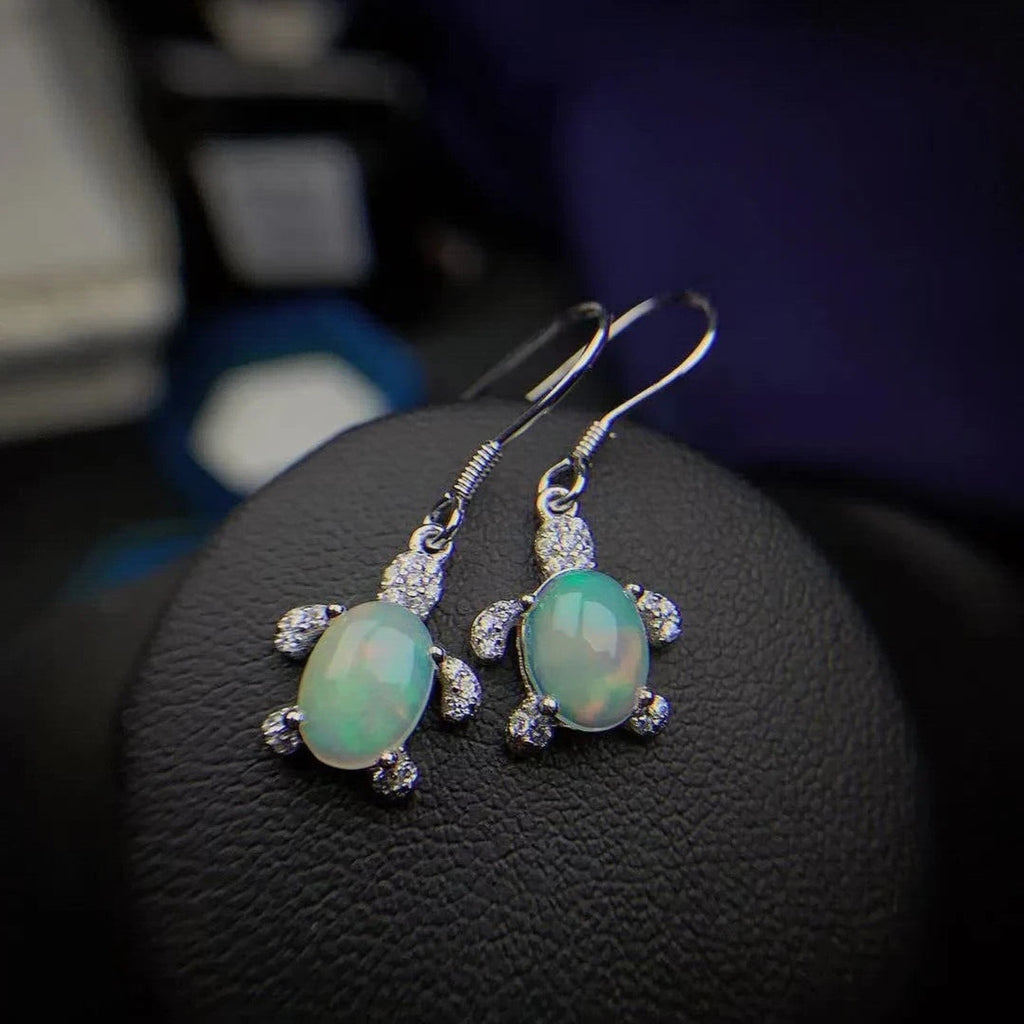 Turtle Opal Earrings, Natural Fire Opal Turtle Dangle Earrings Sterling Silver