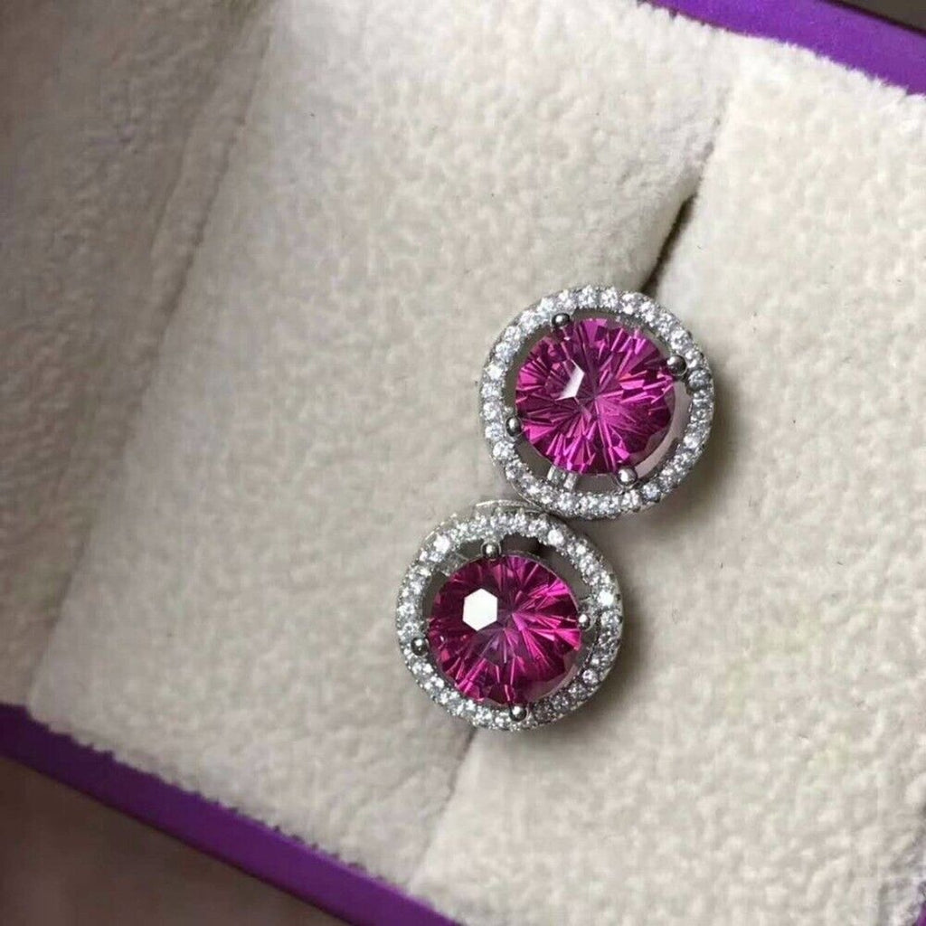 Pink Topaz Firework Cut Large 8x8mm Stud Earrings