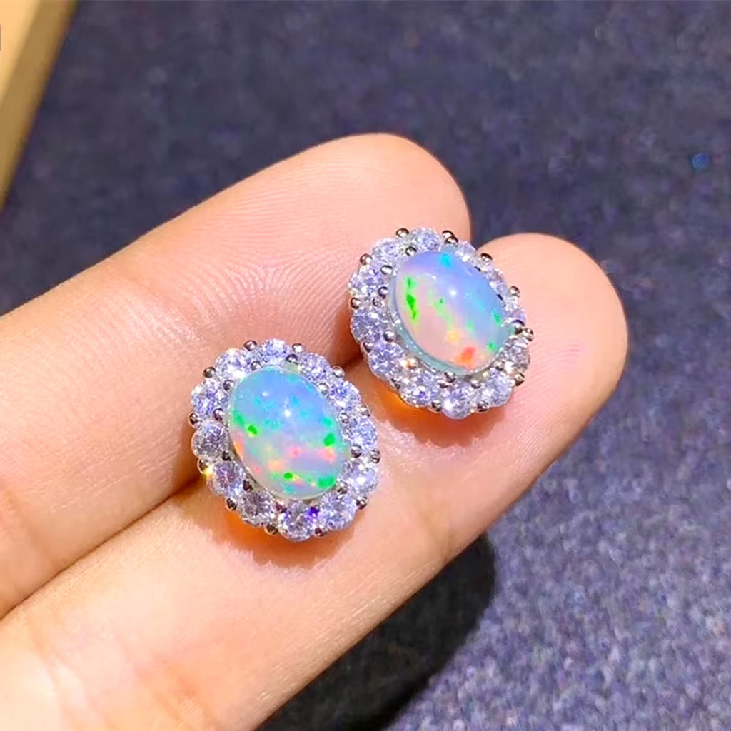 Natural Fire Opal Earrings, Women's Opal Stud Earrings 925 Sterling Silver 6x8mm