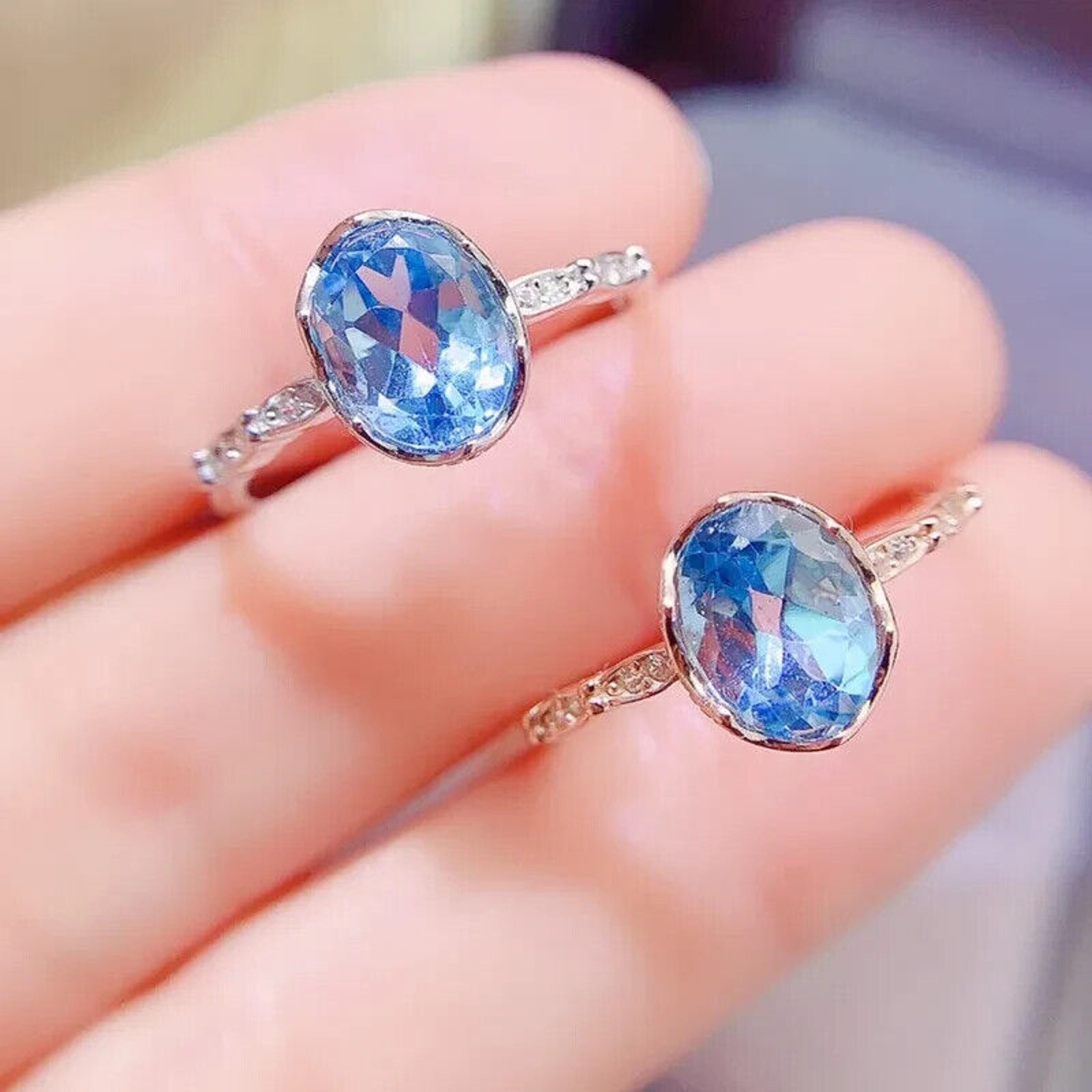 Swiss Blue Topaz Gemstone Ring, Natural Blue Topaz Ring 6x8mm 1.6CT 925 Sterling