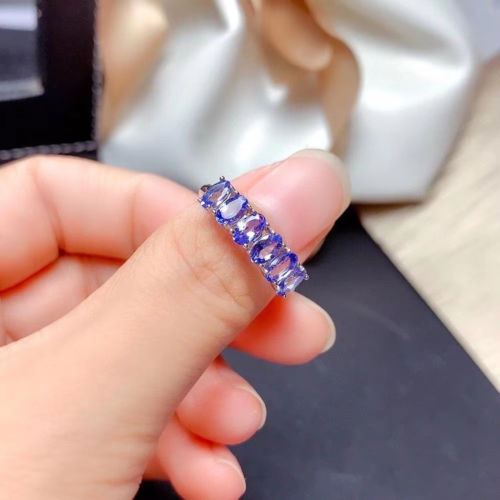 Tanzanite Ring, Sterling Silver Tanzanite Band Ring, Women's Tanzanite Ring